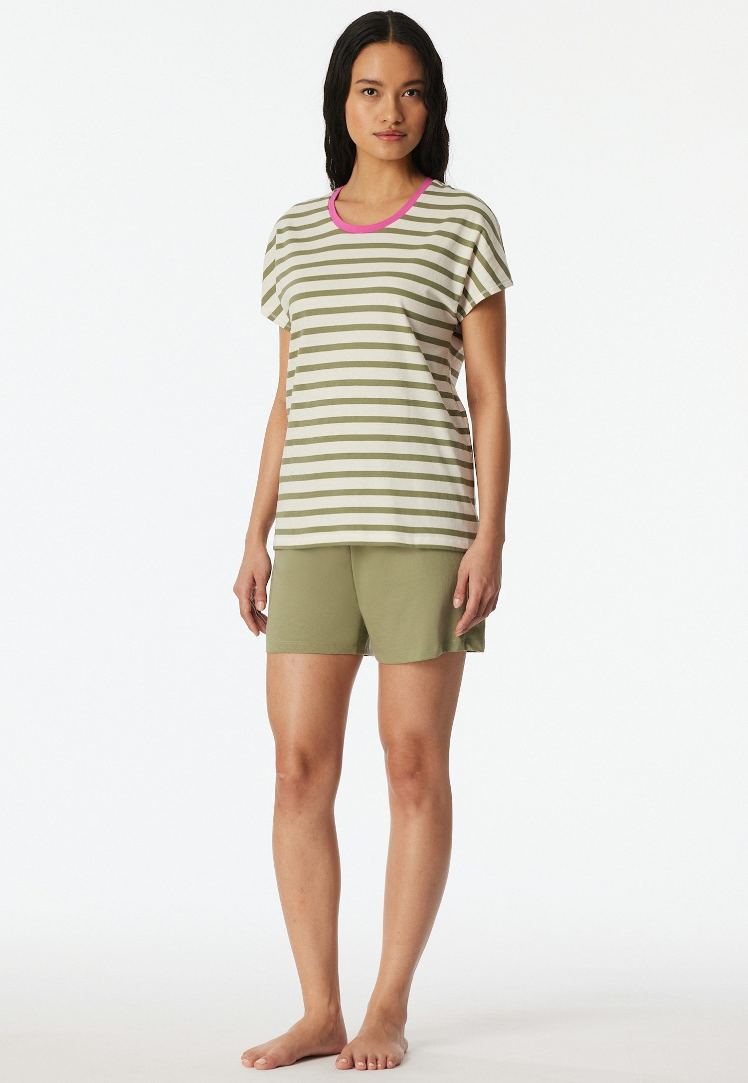 Schiesser Shorty Casual Essentials (2 tlg., 2tlg) mit unifarbenem Shirt und gestreifter Hose