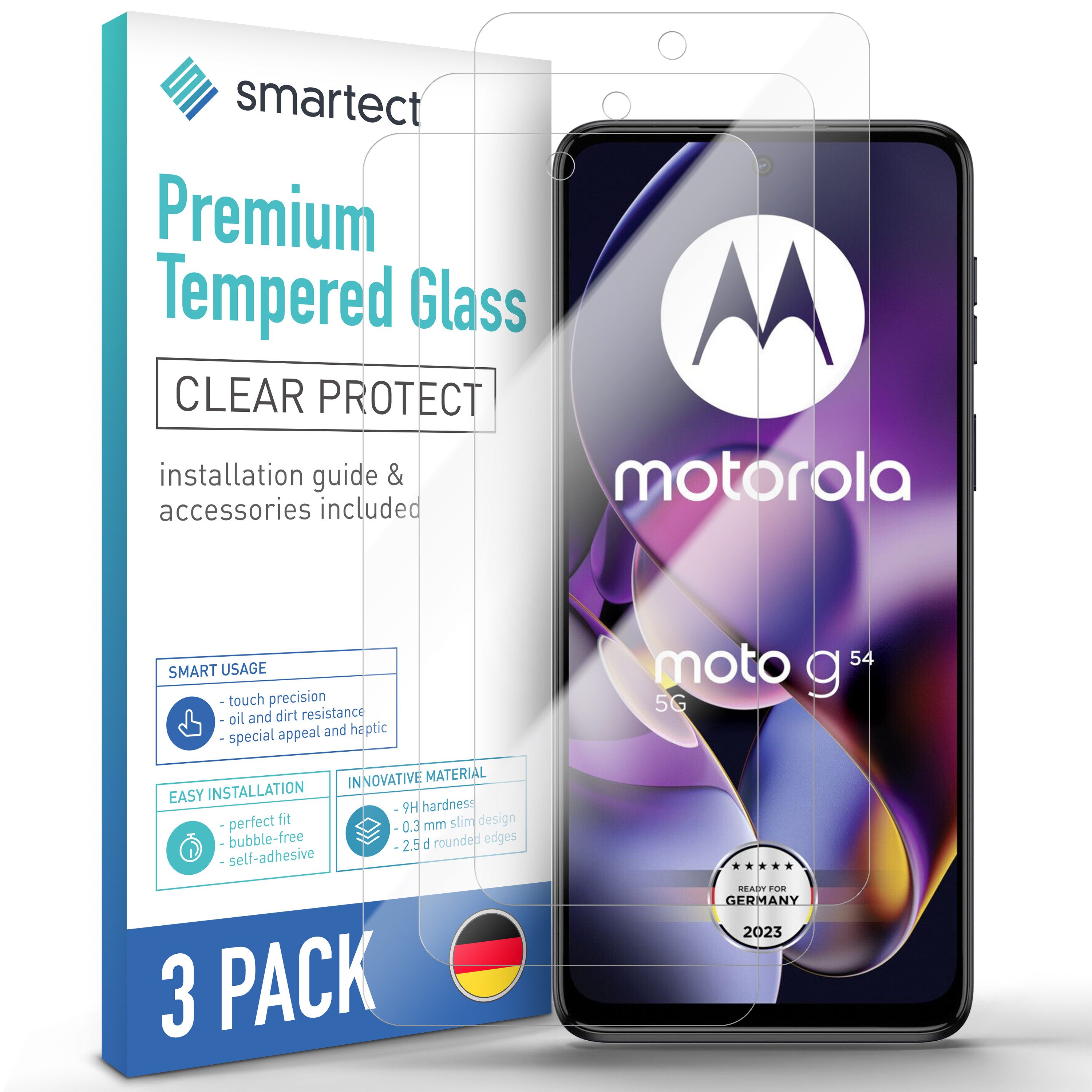smartect Displayschutzglas Schutzglas Panzerfolie Klar für Motorola Moto G54 5G, Set, 3 Stück, Schutzfolie Glasschutz Bildschirm