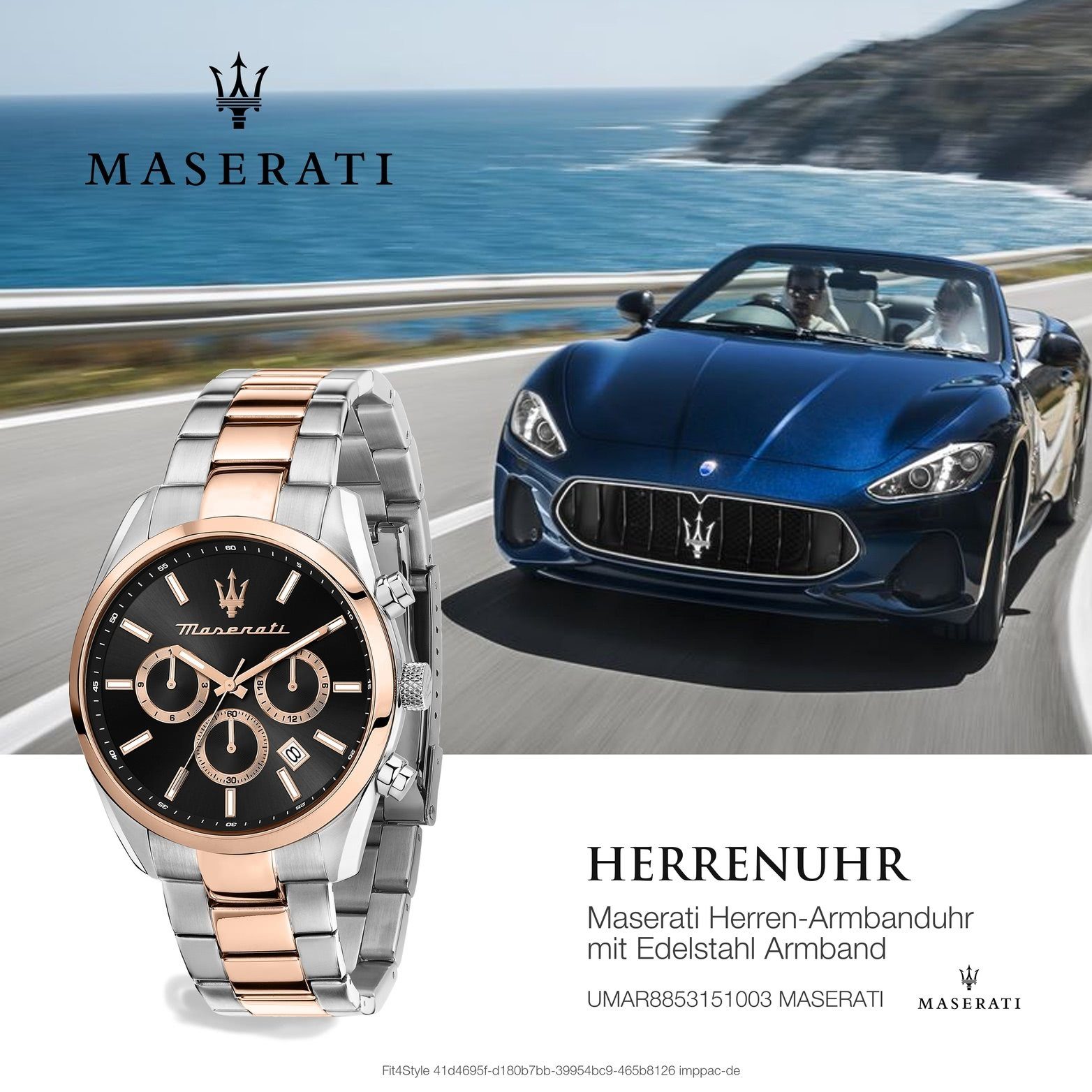 Edelstahlarmband, schwarz Attrazione, MASERATI 43mm) Herrenuhr Gehäuse, Maserati rundes Multifunktionsuhr (ca. Herrenuhr groß