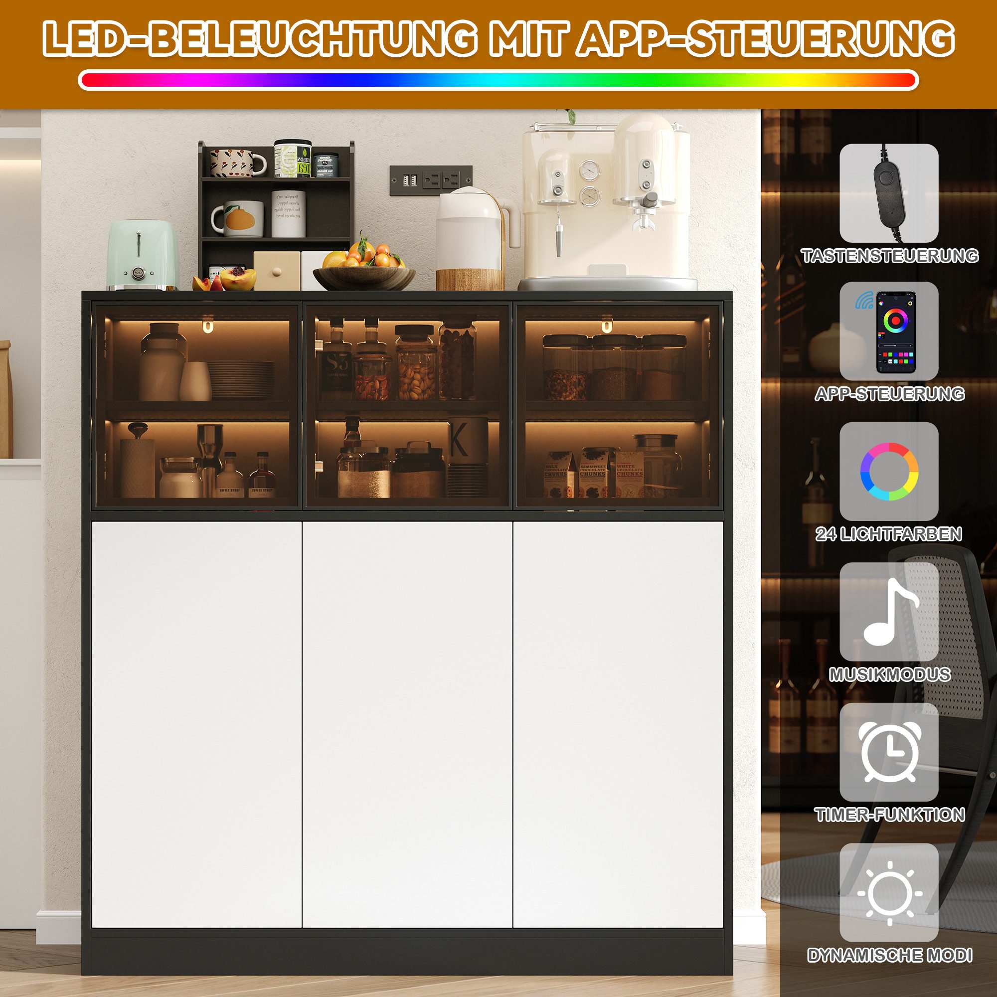 i@home Sideboard Küchenschrank, mit Beleuchtung, mit 3 Glastüren, 3 weiße Türen, 100 x 40 x 105 cm