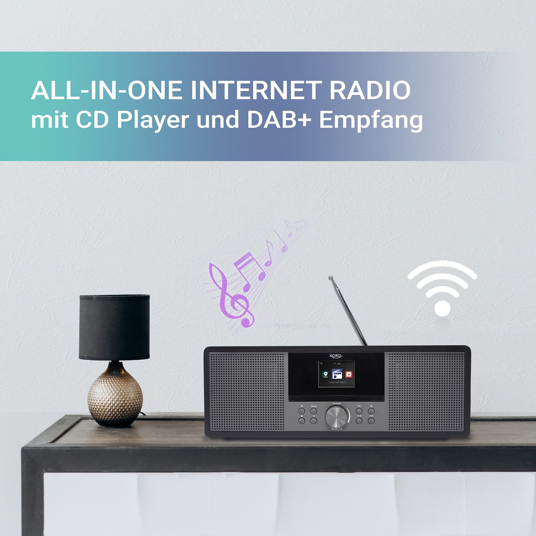 Xoro HMT 600 V2 mit CD-Player & Internet/Spotify/Podcast, DAB+/FM Internet-Radio (DAB+, FM/UKW, Internetradio, Podcast, Stationsspeicher, 20 W, Komfortable Bedienung per App, Fernbedienung oder Direktsteuerung)
