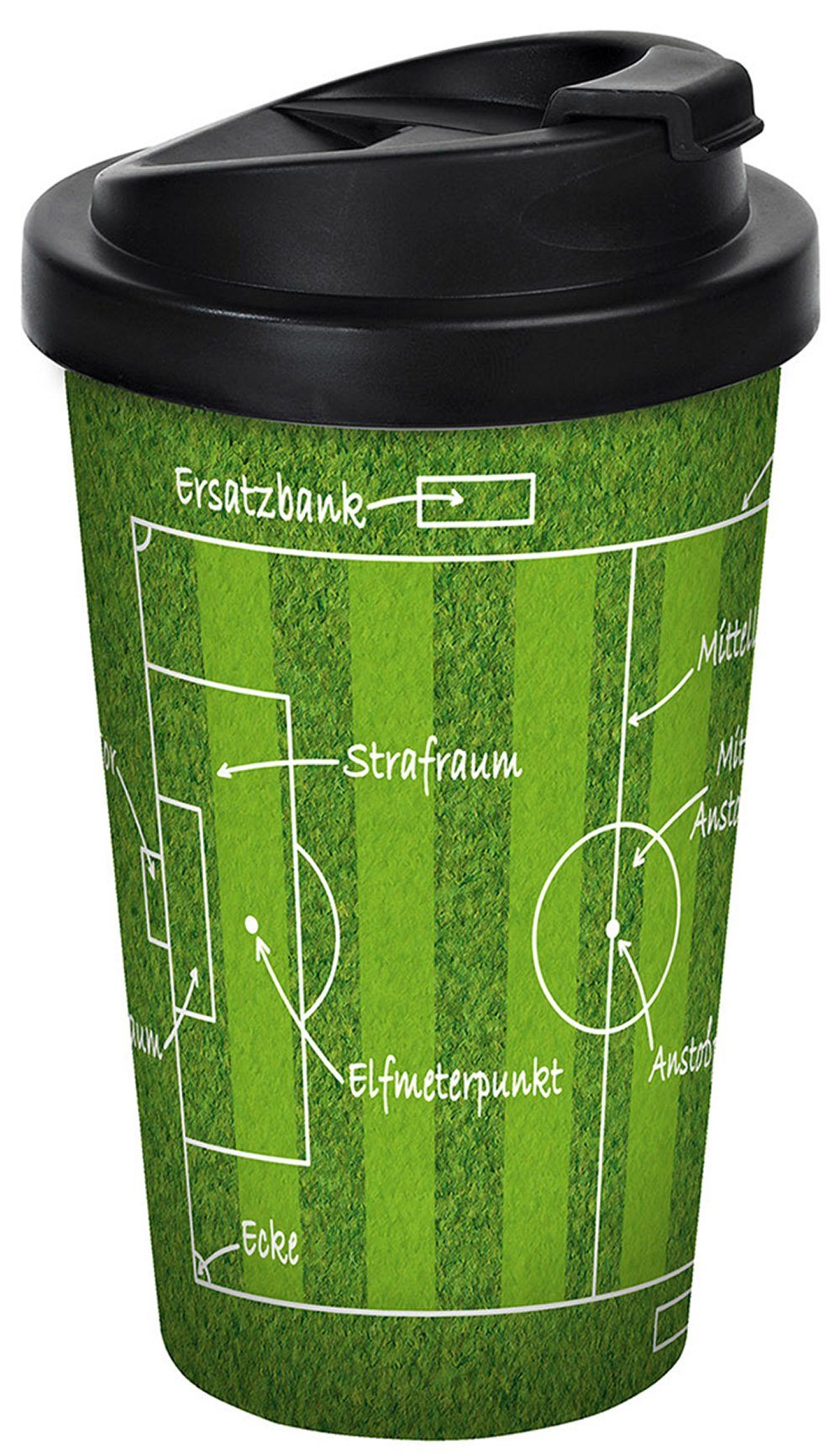 Geda Labels GmbH Coffee-to-go-Becher Spielfelderklärung, PP, Grün, 400 ml, doppelwandig, auslaufsicher