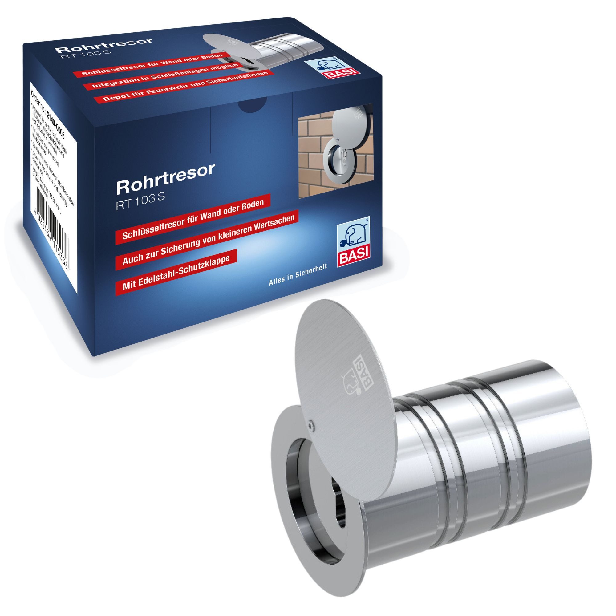 BASI Tresor Rohrtresor (Packung), Schlüsseldepot, Schutzkappe, Alu, ohne Halbzylinder, L142mm Ø80mm
