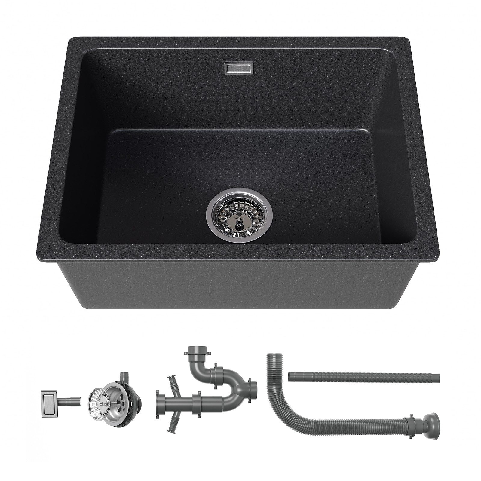 HOROW Granitspüle Küchenspüle Granit Siphon Einbauspüle Spülbecken, 56/43 cm, Vorgebohrt für eine Armatur Reversibel – Links oder Rechts montierbar, (Granit Siphon, mit Siphon Ab- und Überlaufgarnitur), mit Siphon Ab- und Überlaufgarnitur