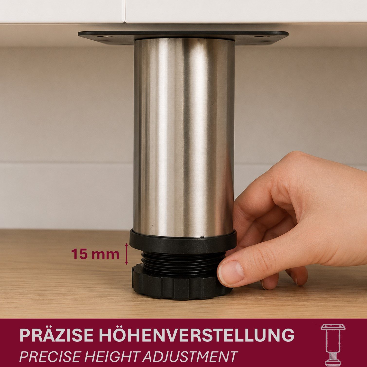HOOZ Möbelfuß Edelstahl 80mm Standfuß rund höhenverstellbar 4er Set gebürstet, (Set, 4-St., 4er-Set Möbelbeine), Höhenverstellbar bis 15 mm mit integriertem Bod – Bild 5 von 5