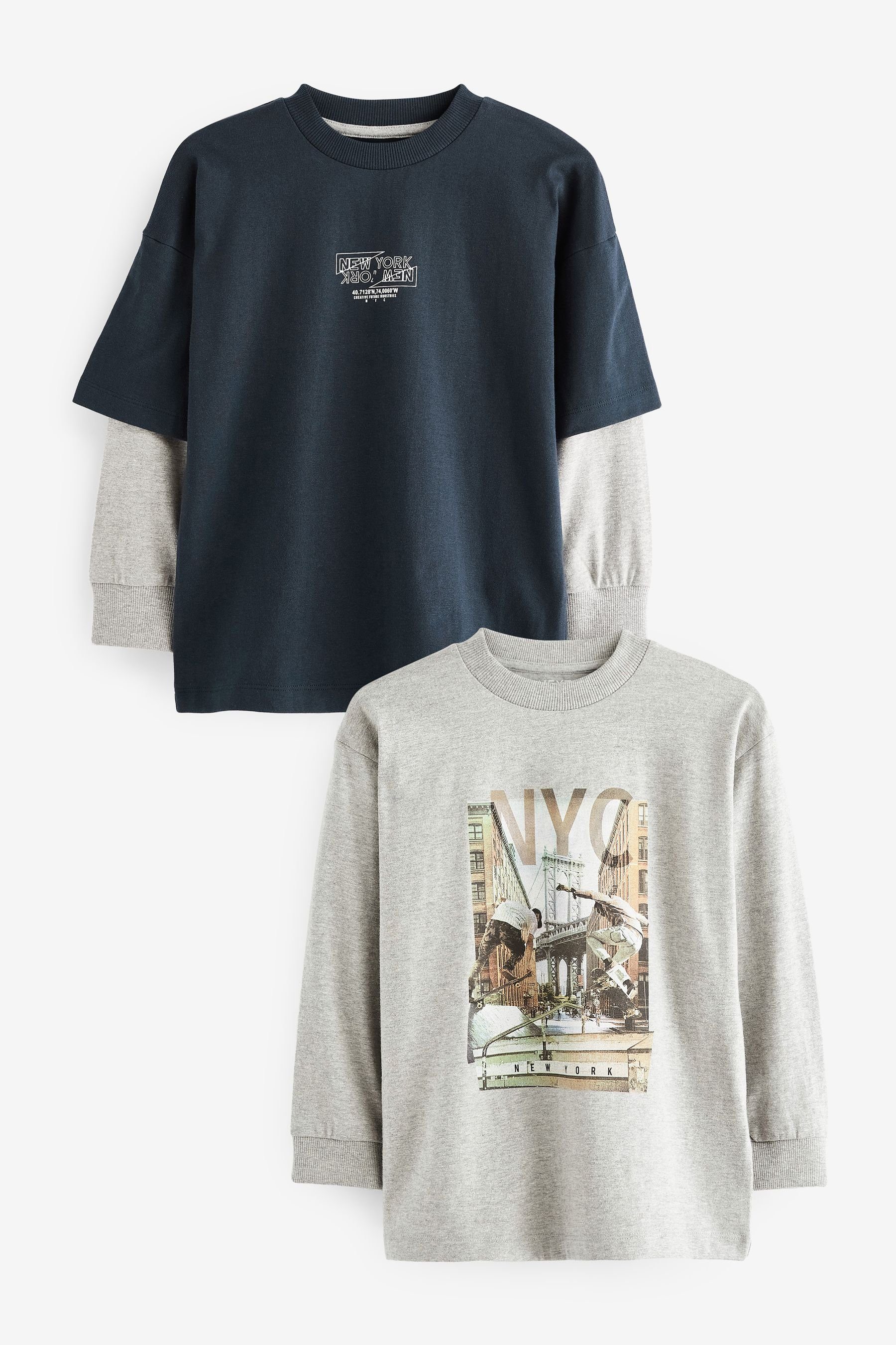 mit Skate Grey/Navy Ärmeln Langarmshirt langen und 2er-Pack (2-tlg) Grafik T-Shirt Next
