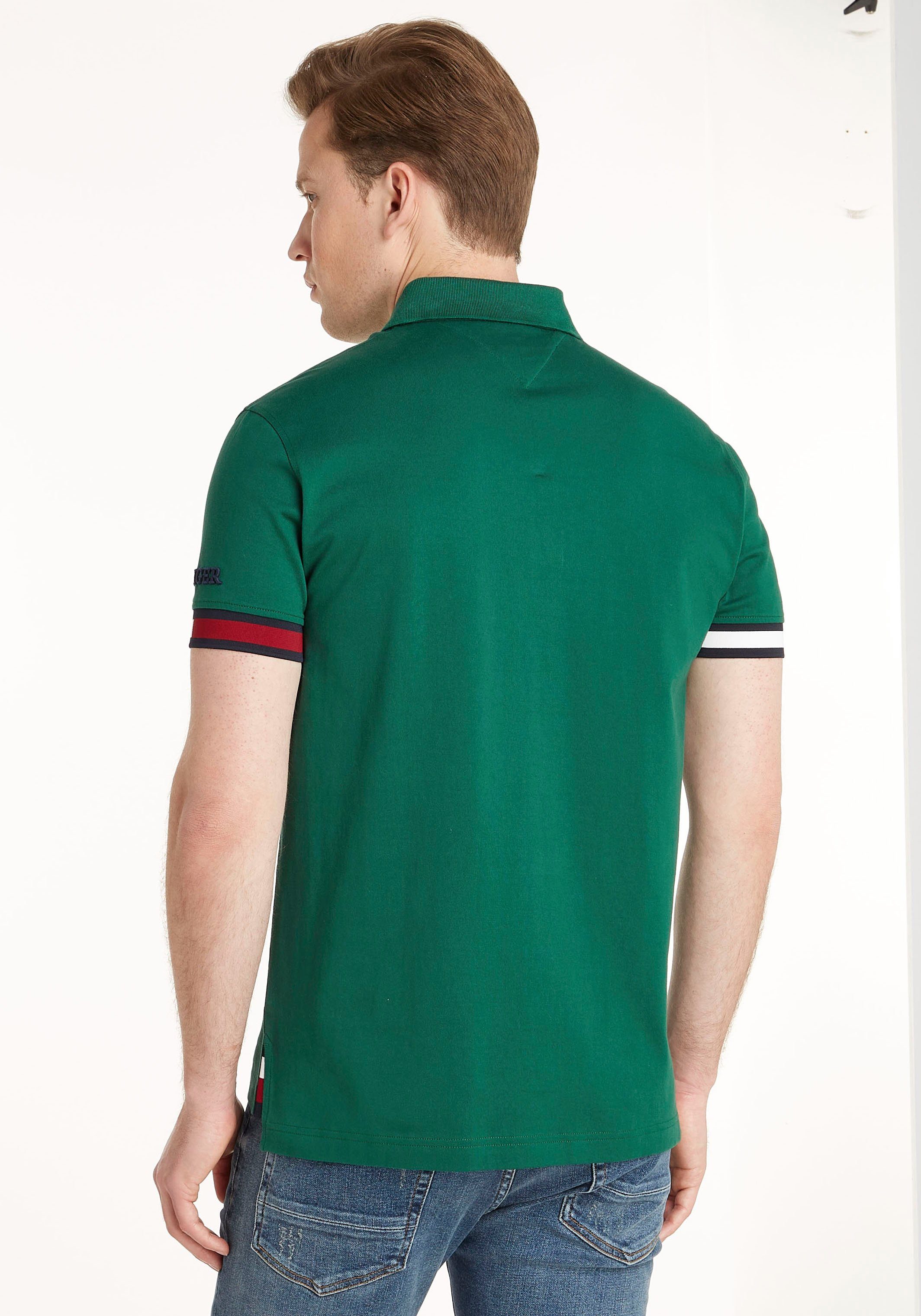 kontrastfarbenen Rippbündchen am Ärmel grün LOGO SLEEVE Hilfiger CUFF Poloshirt Tommy mit SLIM FIT FLAG