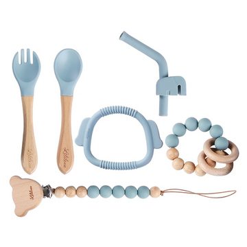 Lililove Geschenkset Neugeborenen-Geschenkset Fine Dining Box Blau (Baby/ Kleinkinder Geschirr Set 9-teilig) Aus 100% Silikon in Lebensmittelqualität, antibakteriell