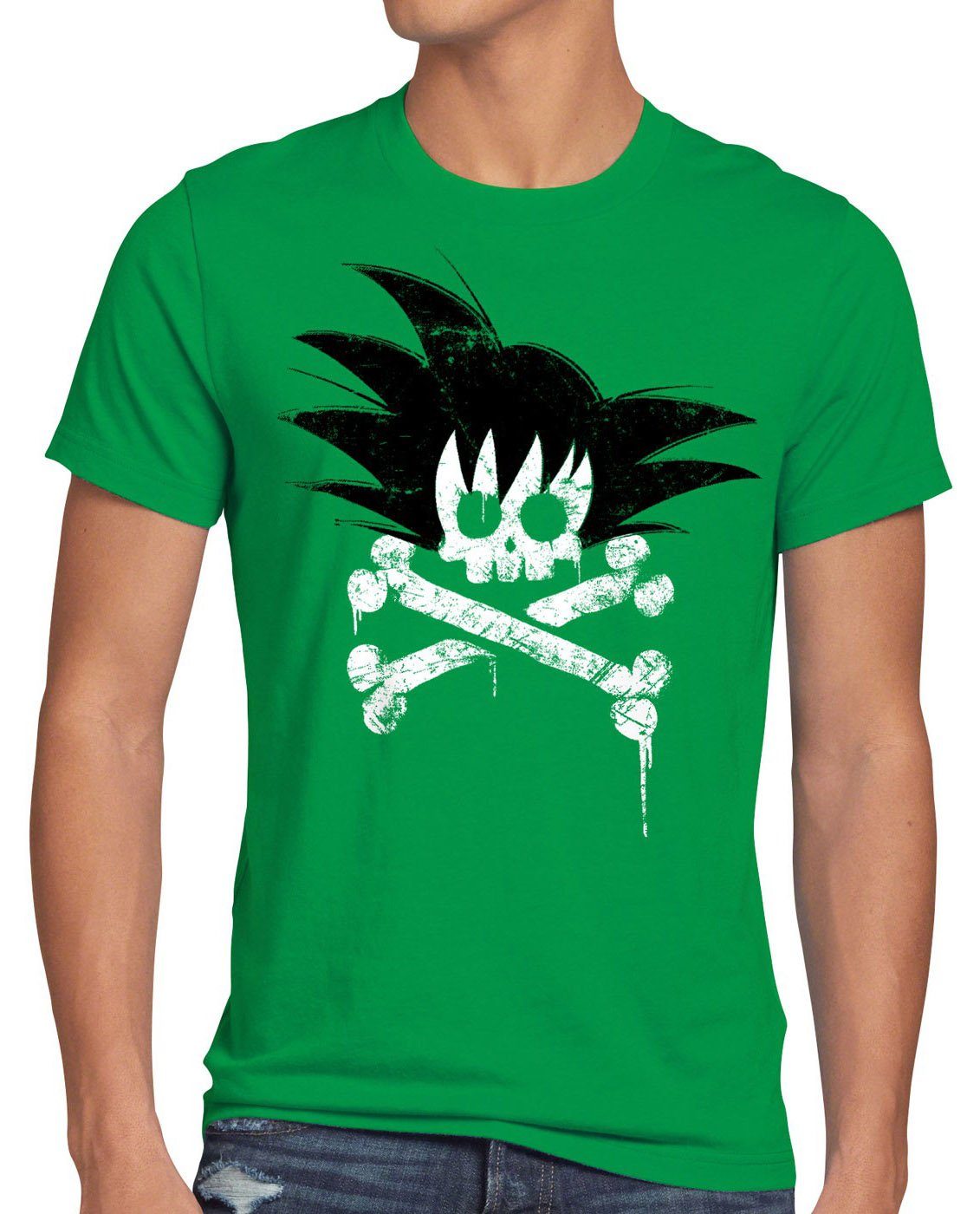 style3 Print-Shirt Herren T-Shirt Goku Skull songoku dragon z ball super saiyan totenkopf vegeta gt grün