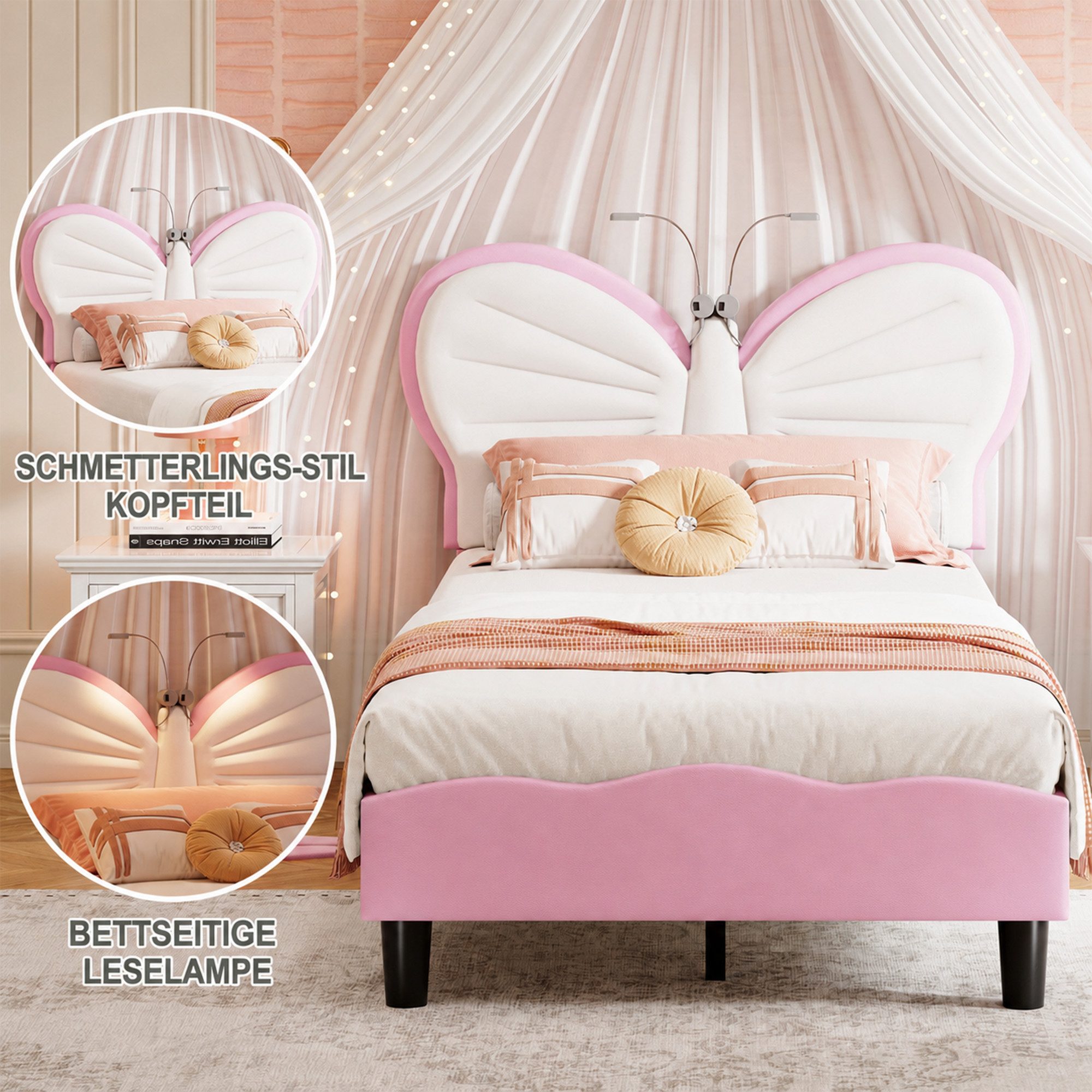 Simurq Prinzessinbett Kinderbett 90x190/90x200 cm Schmetterling Polsterbett (Prinzessinnenbett, höhenverstellbarem Samt-Kopfteil), Jugendbett Einzelbettmit LED- – Bild 3 von 5