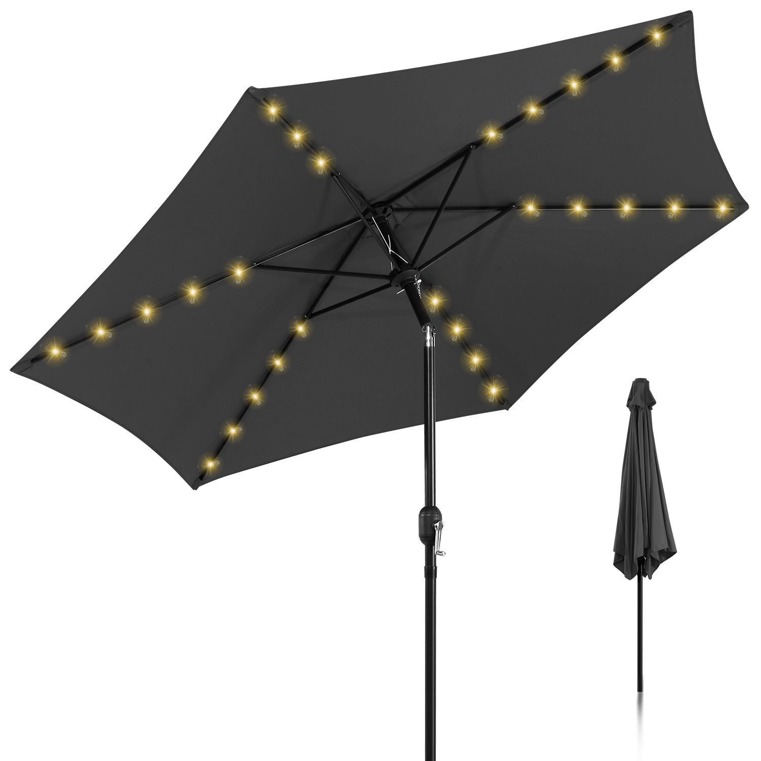 Sonnenschirm Ø270cm Gartenschirm LED Balkonschirm beidseitig um 30° knickbar Grau