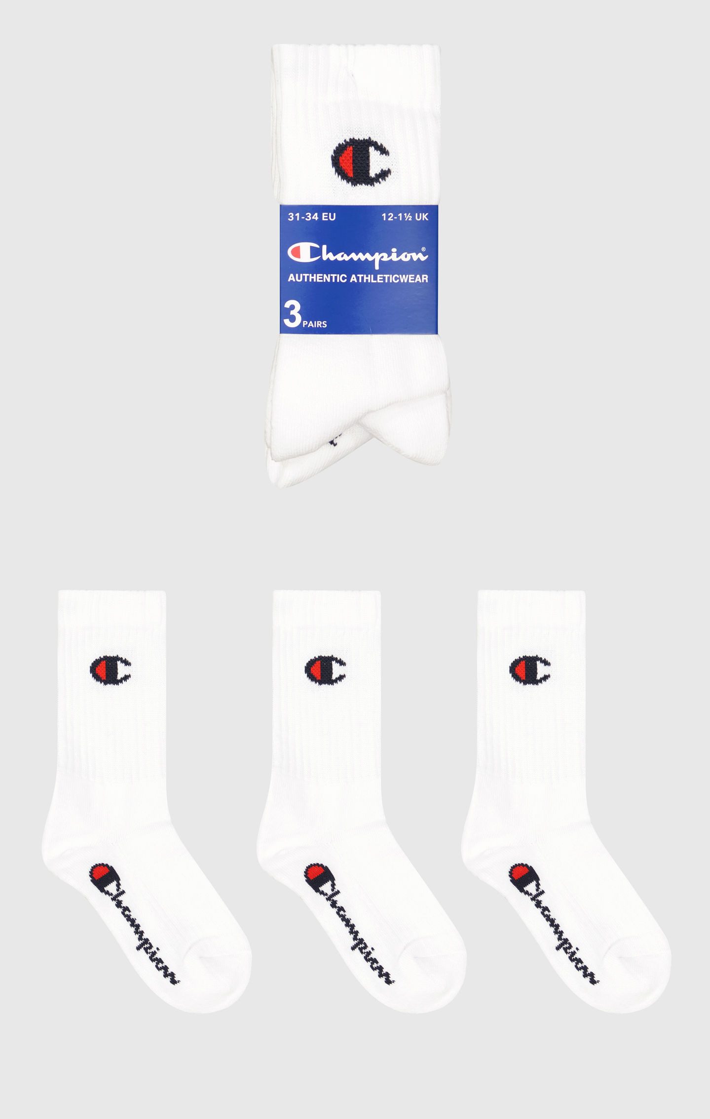 Champion Sportsocken 3 Pack Crew Socks (3-Paar) für Kinder, dreiteiliges Set, aus Baumwolle, Polyester und Elasthan