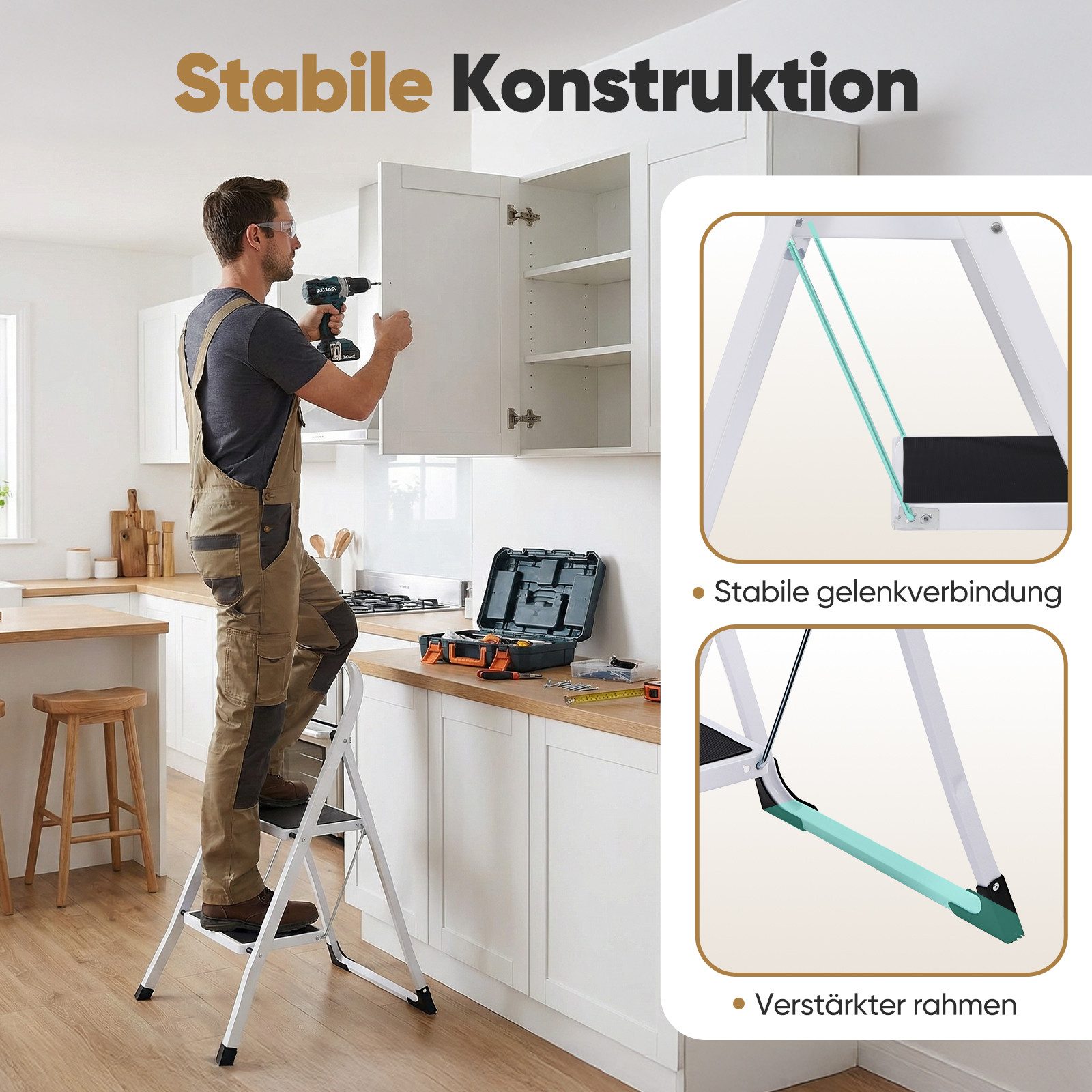 Sekey Trittleiter klappleiter 2 stufen / 3 stufen, bis 150 kg belastbar, Haushaltsleiter 2 stufen mit rutschfesten Stufen, Lock-Klappsperre