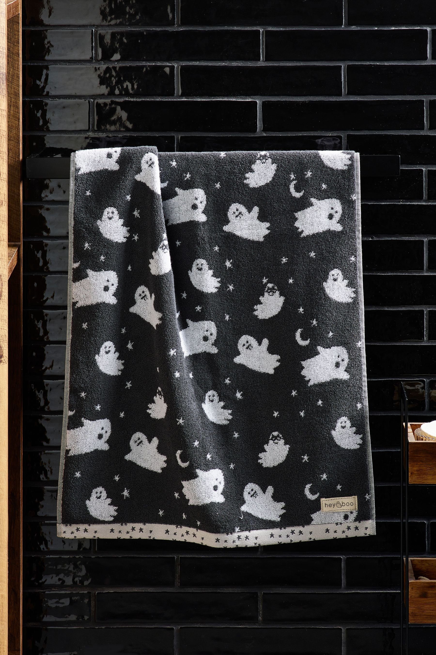 Quera Halloween Geist Handtücher Set – 2 Stück, 35x75 Cm, 100% Baumwolle, Schwarz-weiß