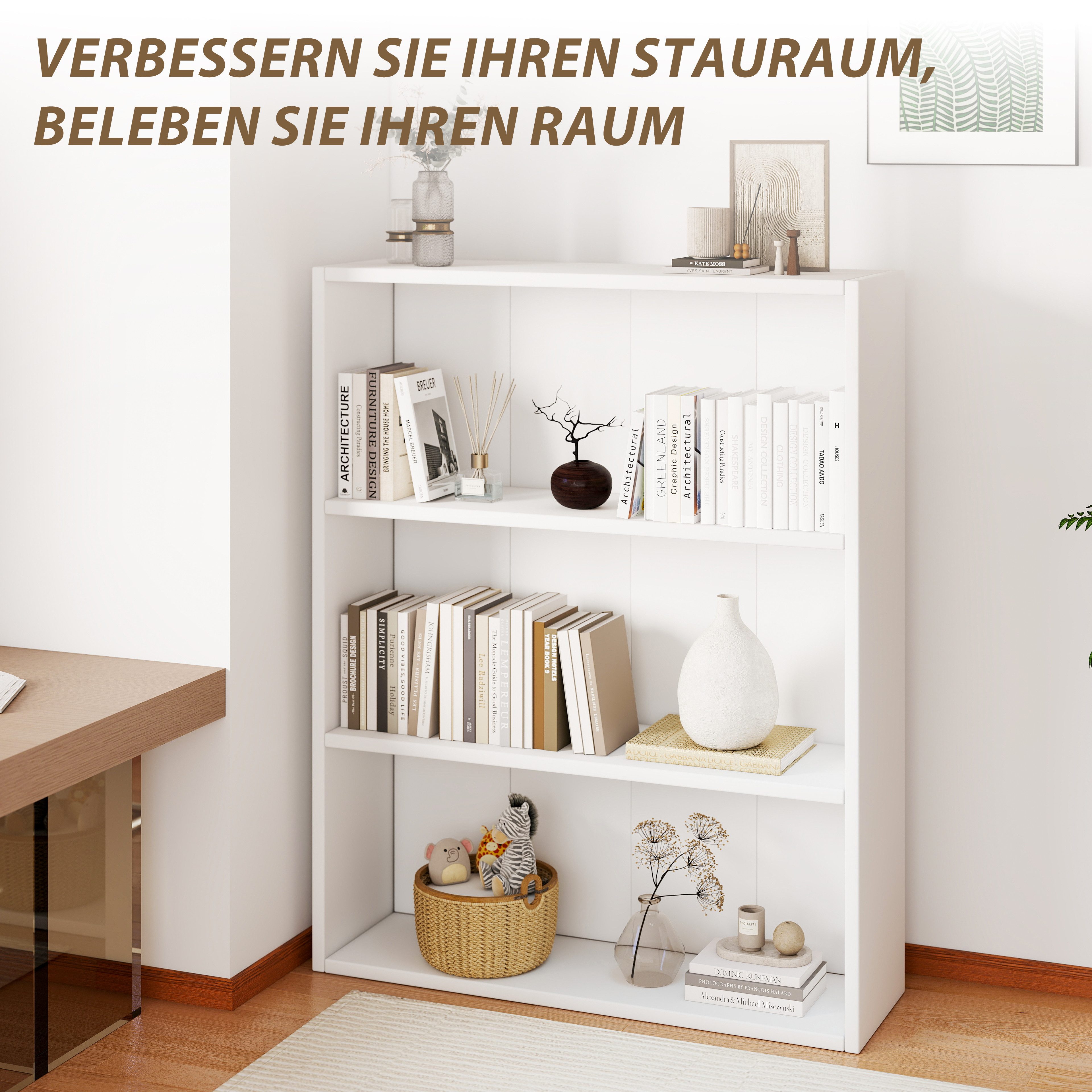 oyajia Bücherregal Bücherregal 100cm für Wohnzimmer Home Office,3-Stöckiges, Standregal, Büroregal, 3 Fächer, Holzwerkstoff, 80x24x100cm (BxTxH)