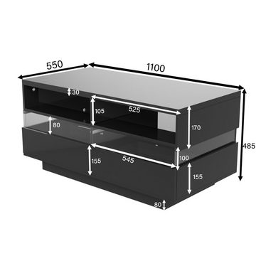 Ulife Couchtisch Hochglanz-Wohnzimmertisch mit zwei Ablagefächern und zwei Schubladen, reflektierendes Acryllicht,110 L x 55 B x 48,5H(cm)