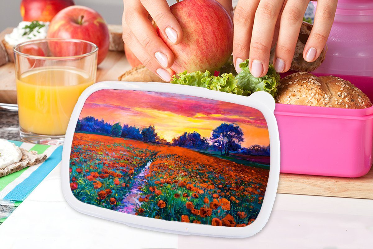 Brotdose Malerei Brotbox (2-tlg), Ölfarbe, - Snackbox, Natur Erwachsene, MuchoWow Kunststoff, - Mädchen, rosa Lunchbox - Kinder, Kunststoff Blumen für
