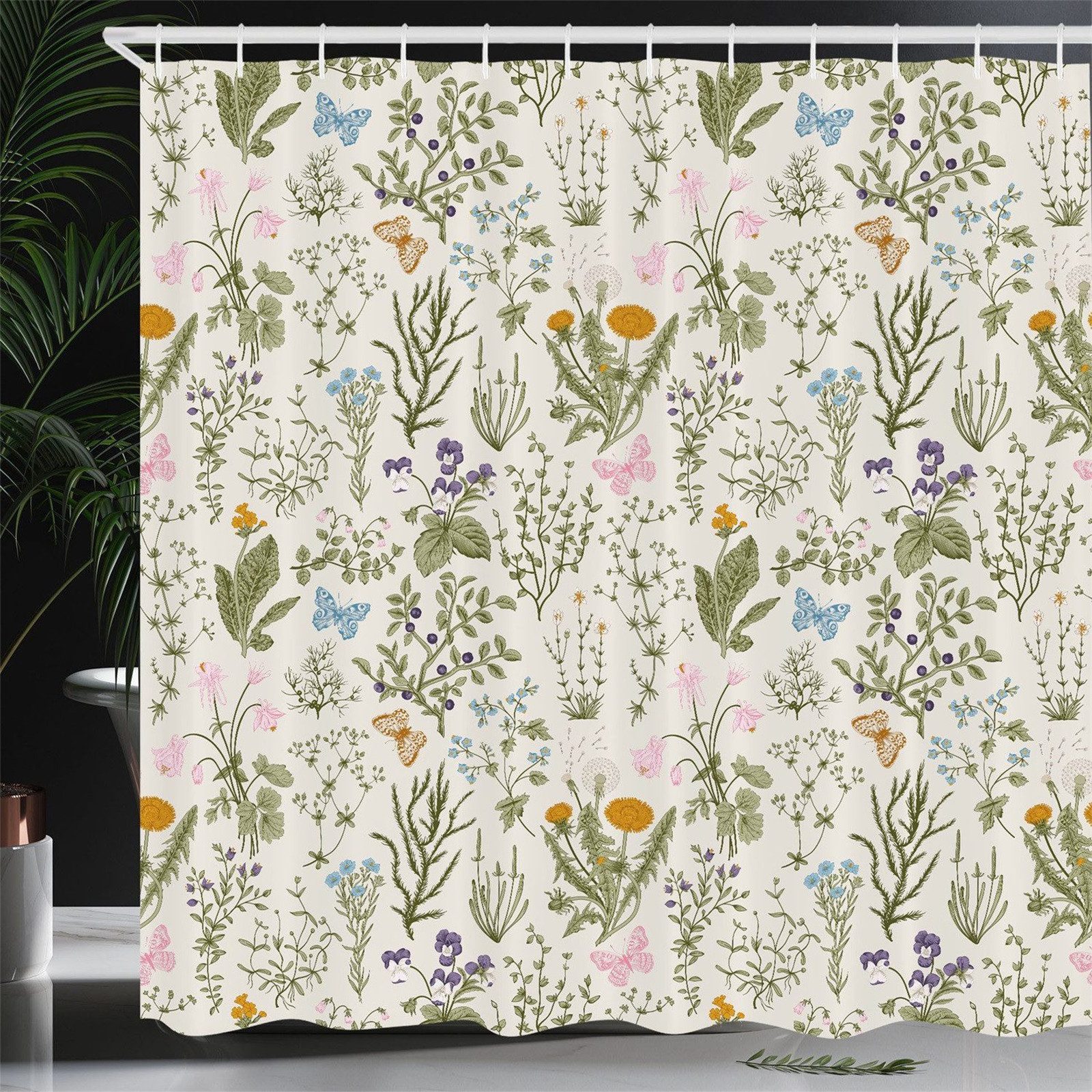 MOPUEA Duschvorhang Floral Badezimmer Vorhänge, Wasserdicht dekorative Vorhänge (180 × 180 cm, Komplett-Set mit durchdachten Details), Stilvolles Vintage-Design & Hochwertiges Material