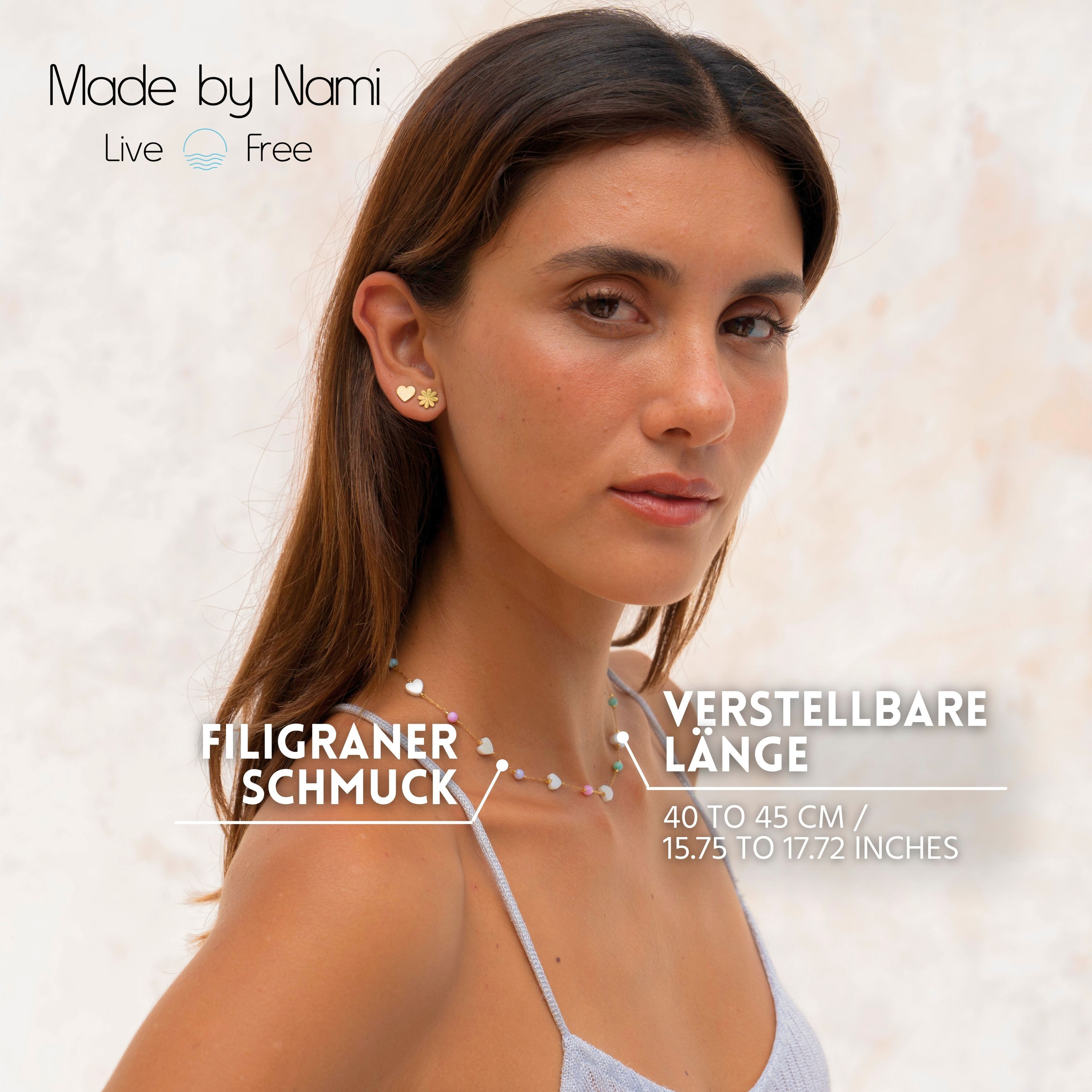 Made by Nami Perlenkette Damen Gold mit Perlen und Herzen Perlmutt aus Chirurgischem Edelstahl, 40 + 5 cm Geschenke für Frauen Wasserfester Schmuck Freundschaftskette