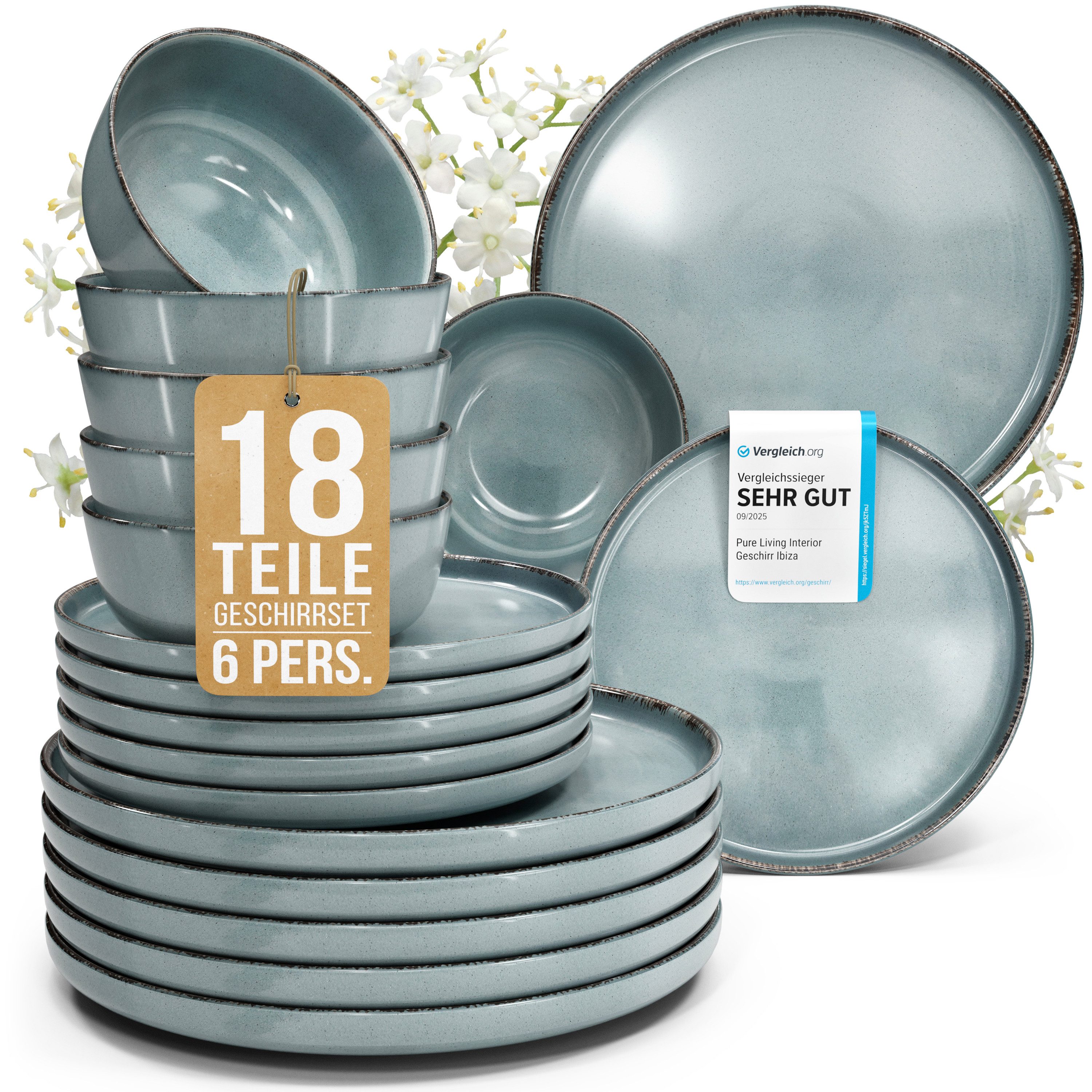PURE LIVING INTERIOR DESIGN Geschirr-Set Rustic aus Steingut, 18-tlg., für 6 Personen, Rauchblau (18-tlg), 6 Personen, Steingut