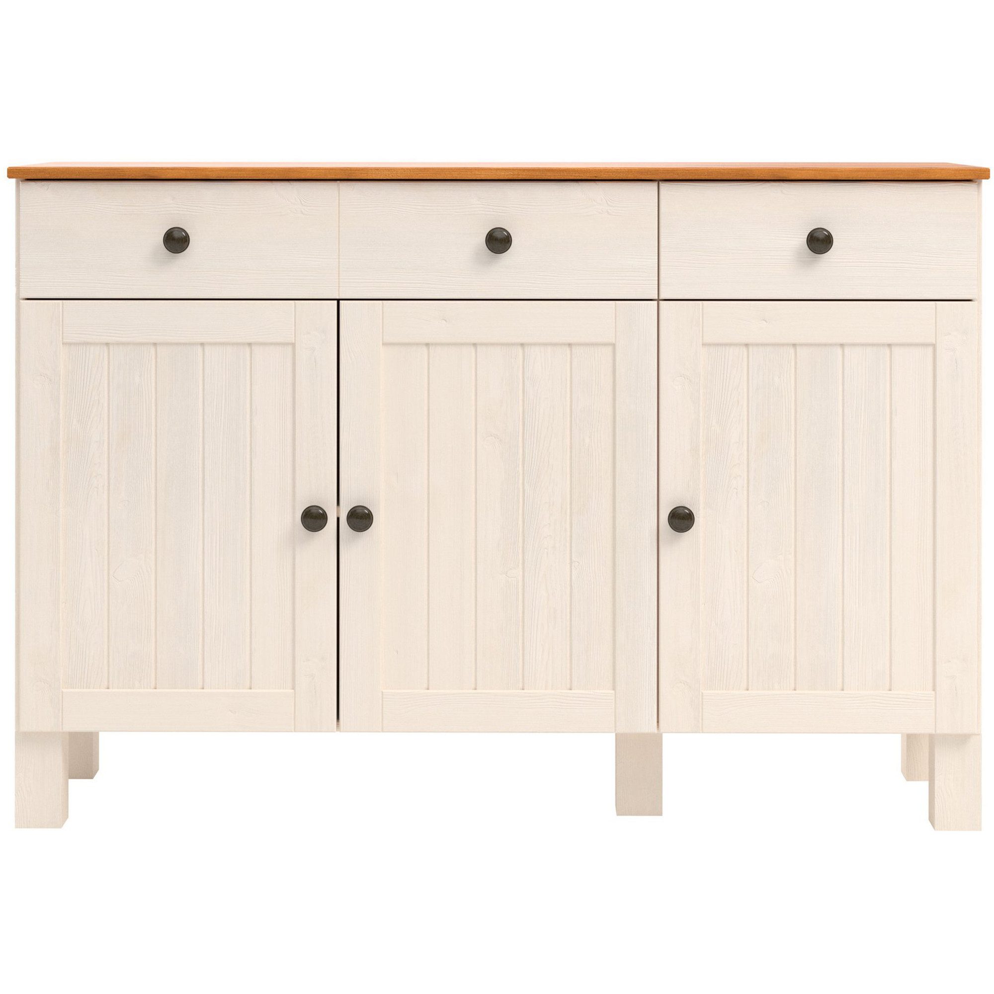 loft24 Sideboard Dorte - Anrichte Küchenschrank Mehrzweckschrank Schrank, Anrichte, Mehrzweckschrank, 3 Türen, 2 Schubladen, Kiefer, Landhaus