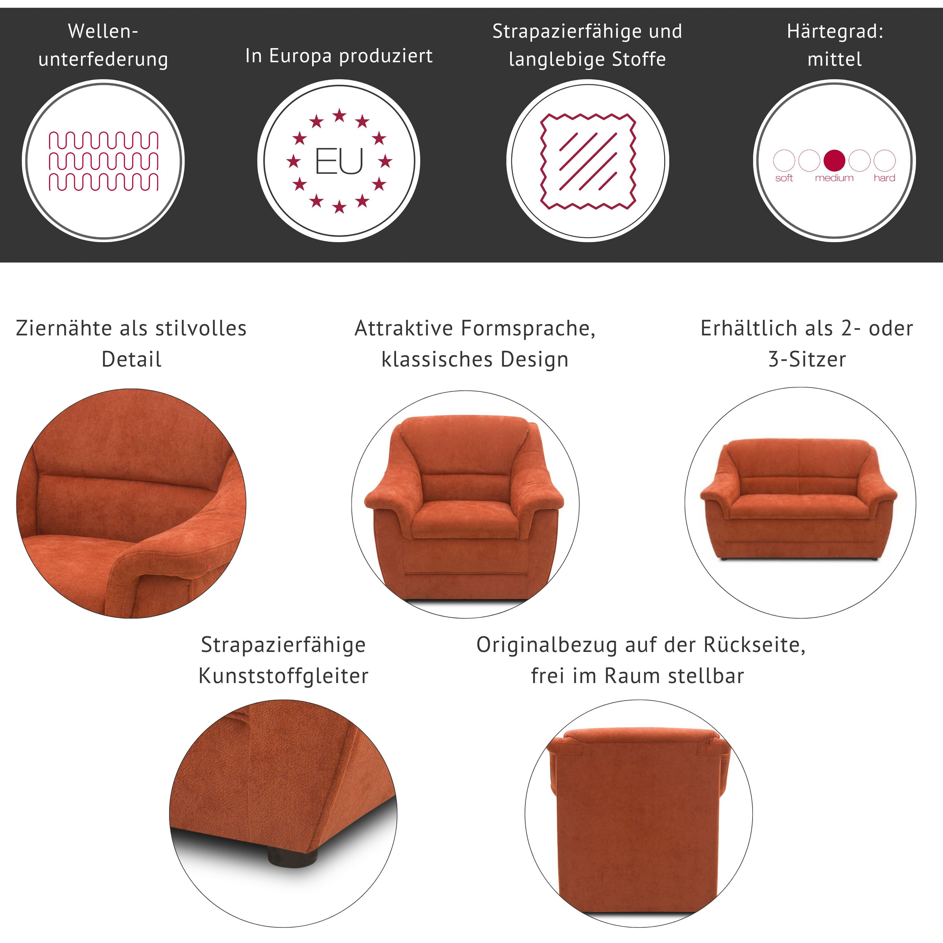 DOMO collection 3-Sitzer Lale formschönes & komfortables Sofa, zeitlos & elegant, Breite 198cm, optimal für kleinere Räume – Bild 3 von 5