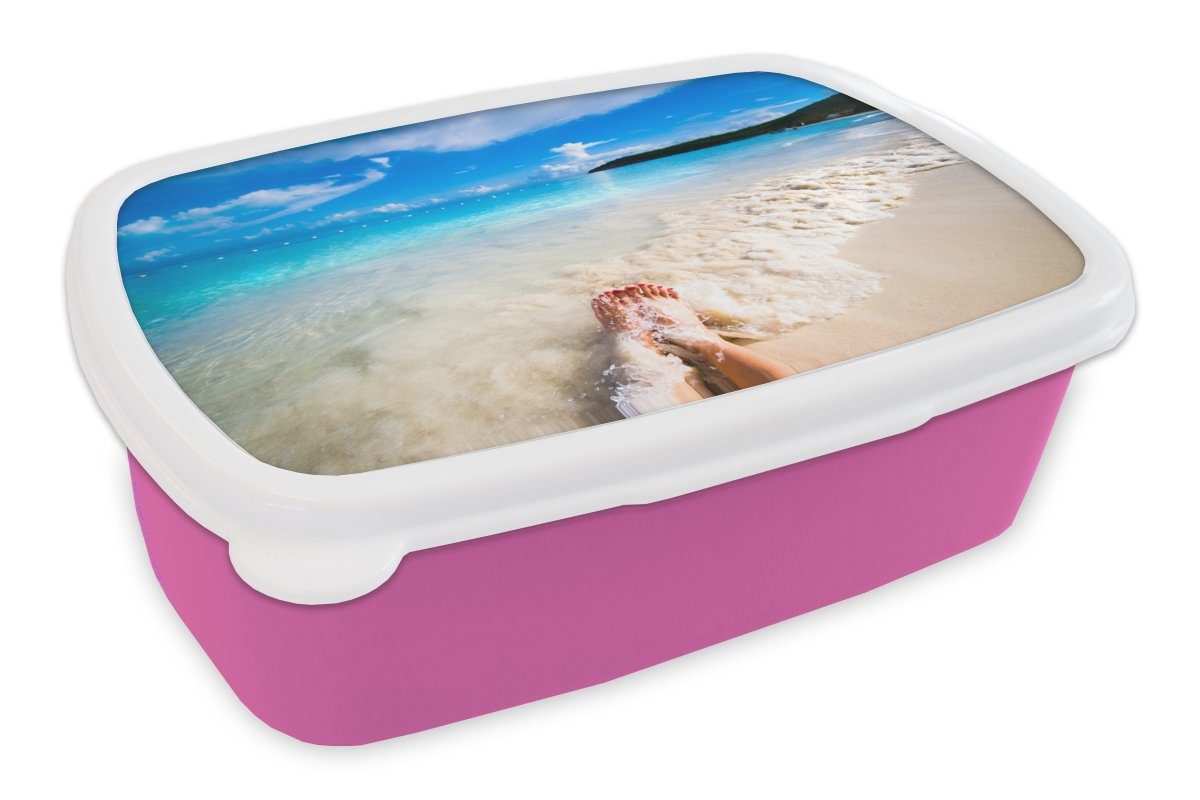 MuchoWow Lunchbox Strand - Sand - Füße, Kunststoff, (2-tlg), Brotbox für Erwachsene, Brotdose Kinder, Snackbox, Mädchen, Kunststoff rosa