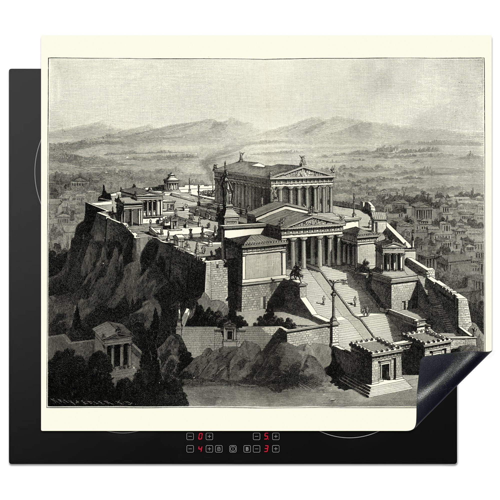 MuchoWow Herdblende-/Abdeckplatte Eine Illustration des Parthenon über Athen, Vinyl, (1 tlg), 60x52 cm, Mobile Arbeitsfläche nutzbar, Ceranfeldabdeckung