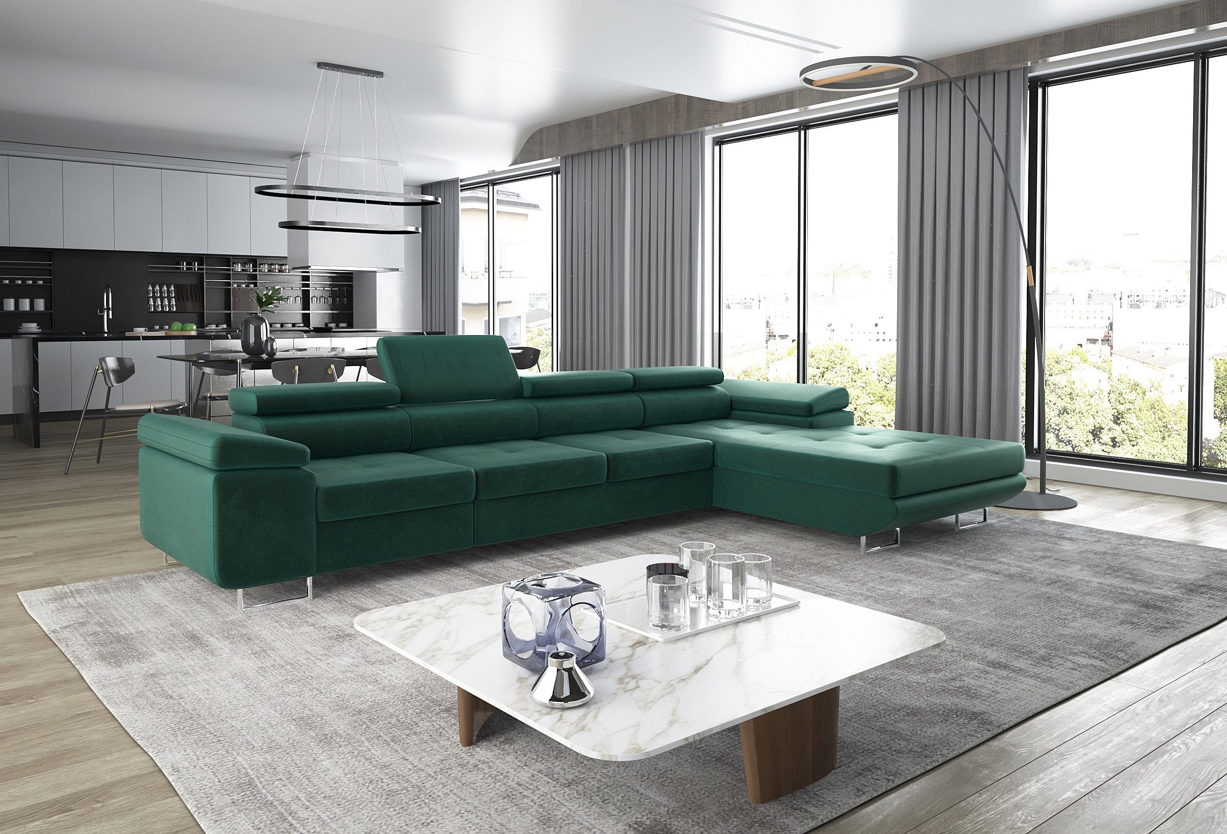 thematys Ecksofa ALVARO MAXI 355 x 204cm mit Schlaffunktion & Bettkasten –, L-Sofa mit 4 verstellbaren Kopfstützen, Samt (Monolotith), oder Cord (Poso) - L-Form, XL-Wohnlandschaft, 355 cm breit