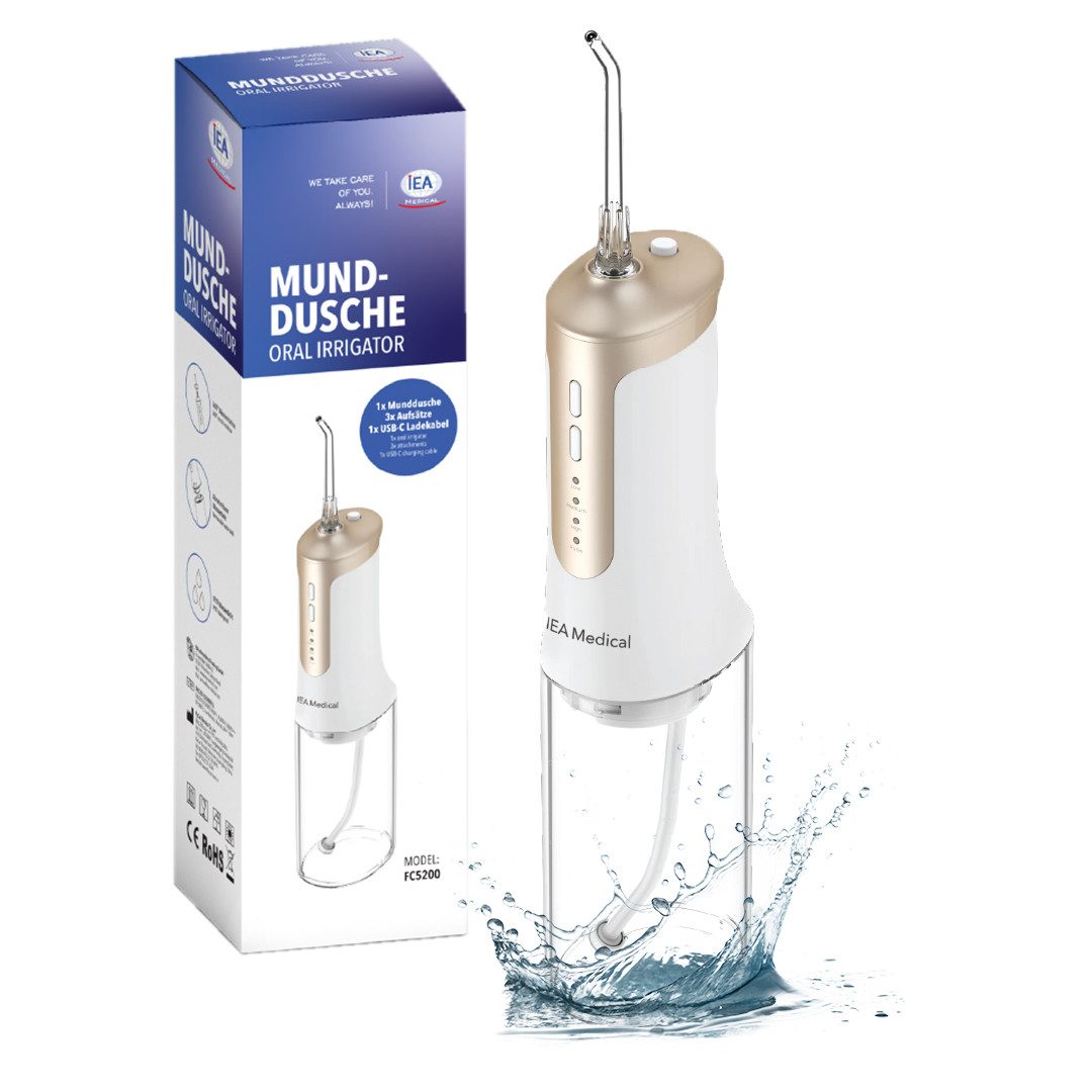 IEA Medical Munddusche FC5200, kabelloser Zahnzwischenraumreiniger, Aufsätze: 3 St., USB-C, 3 Modi, 240 ml Tank, kompakt für Zuhause & unterwegs