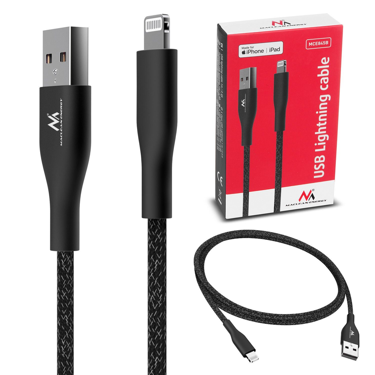 Maclean Energy MCE845B USB-Kabel, (100 cm), USB-A-auf-Lightning-Kabel 1m  Ladekabel Kompatibel mit iPhone/iPod/iPad 5V/2.4A