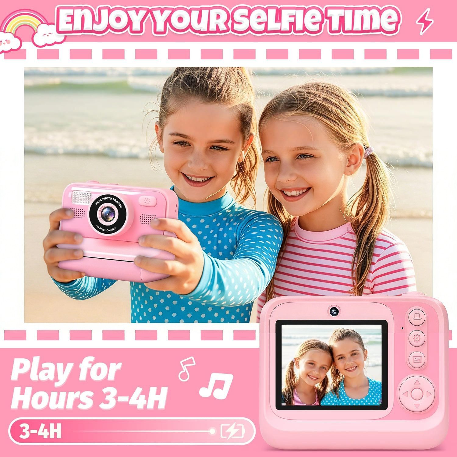 Ophy Digitale Kinderkamera mit 2,4-Zoll-Display, 32GB Karte & 1080p Video Sofortbildkamera (Selfie-Kamera als Spielzeuggeschenk für Mädchen & Jungen (Rosa)