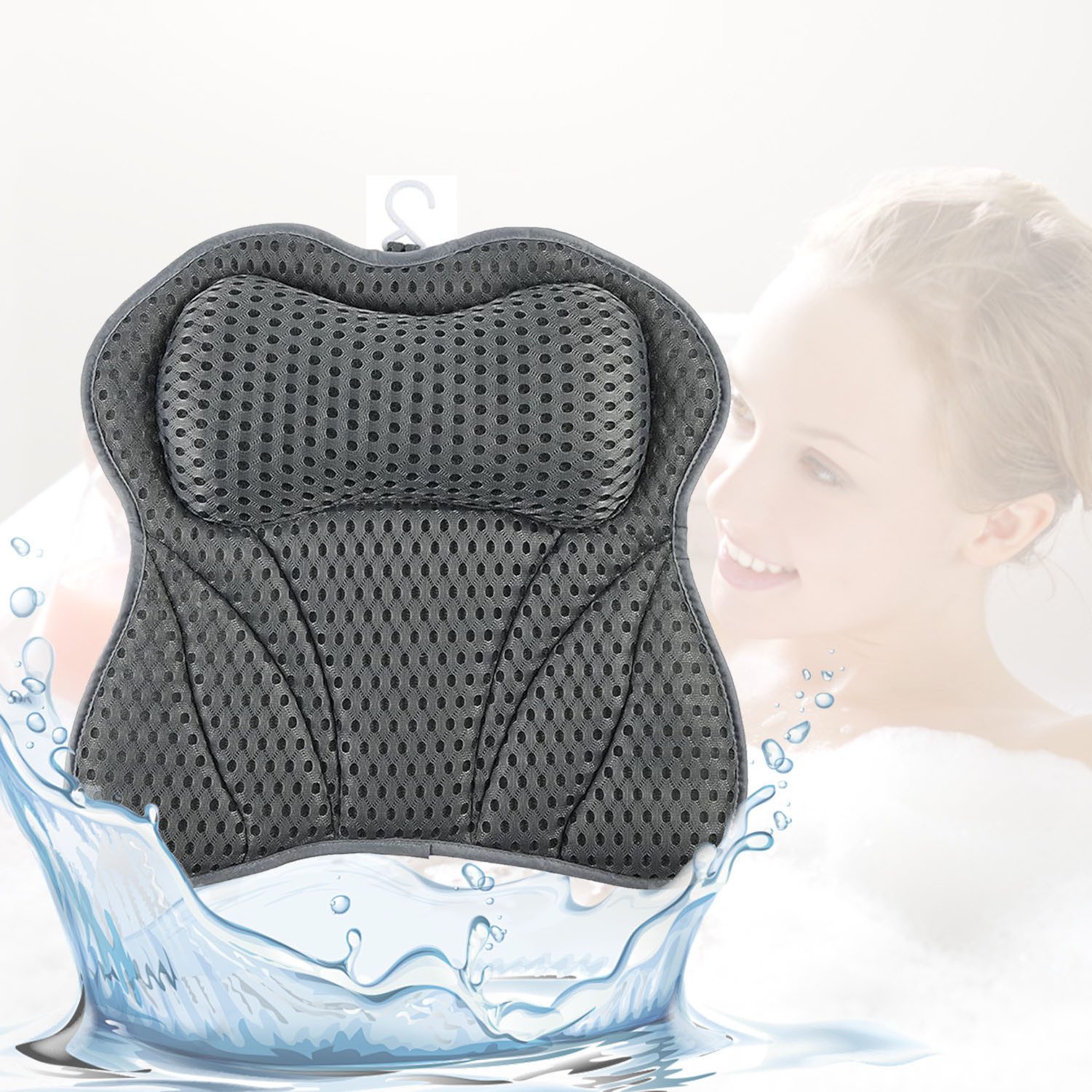 HEYHIPPO Badewannenkissen Badewannenkissen 4D Mesh,ergonomisch,Schmetterlingsform,42×43×6cm grau, Atmungsaktives Badezimmerkissen, leicht zu reinigen, entspannendes Bad, Mit Haken6 Saugnäpfen, rutschfest, maschinenwaschbar,schnelltrocknend