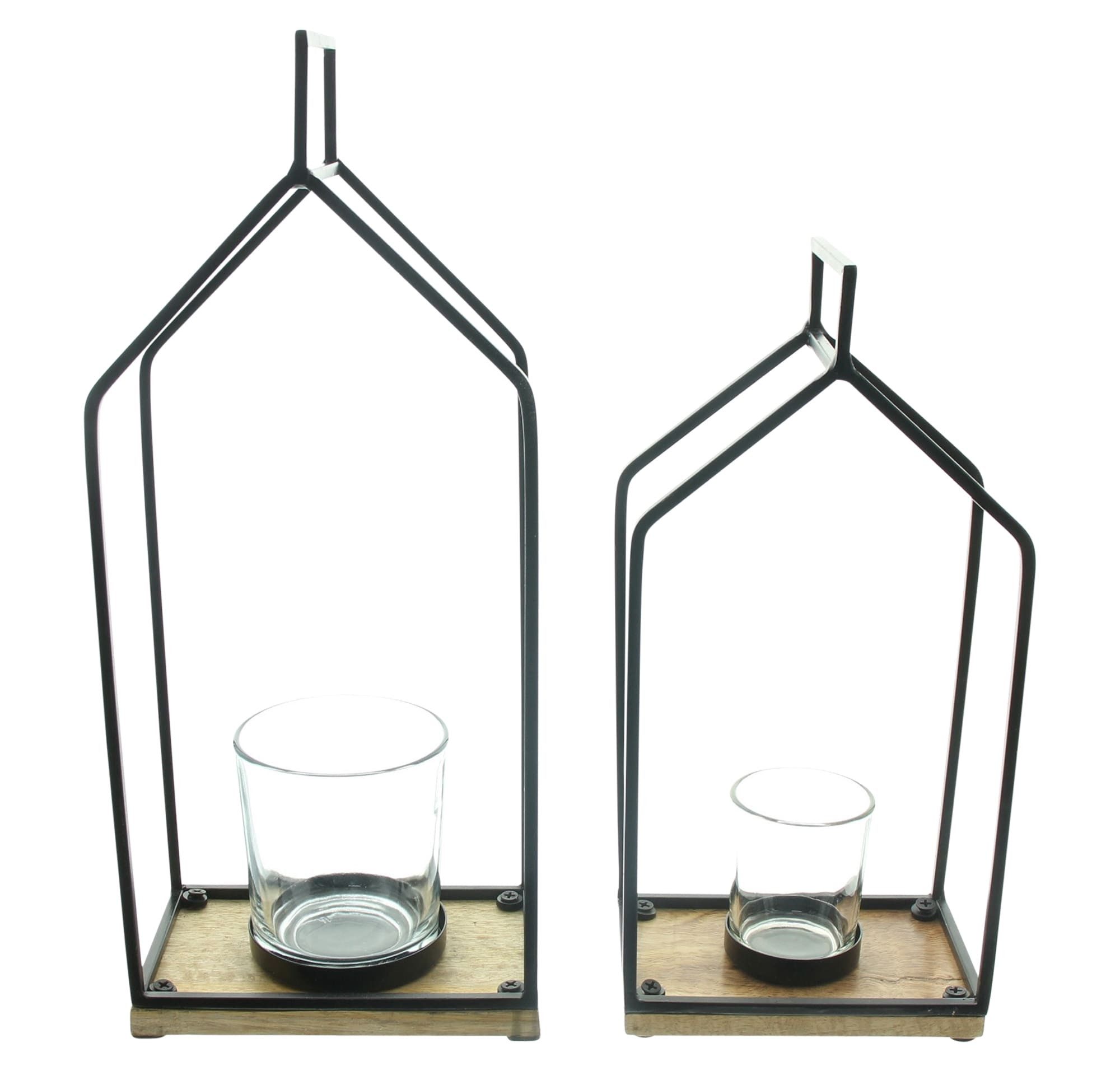 Dekoleidenschaft Windlicht „Haus“ aus Mango Holz & Metall, schwarz, Laterne, Kerzenständer (2 St., im Set), 29 + 37 cm hoch, Kerzenhalter mit Kerzengläser