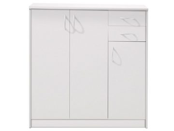 möbelando Kommode Olli, Moderne Kommode aus Spanplatte in Weiß mit 3 Holztüren, 2 Schubkästen und 5 Einlegeböden. Breite 109 cm, Höhe 112 cm, Tiefe 35 cm