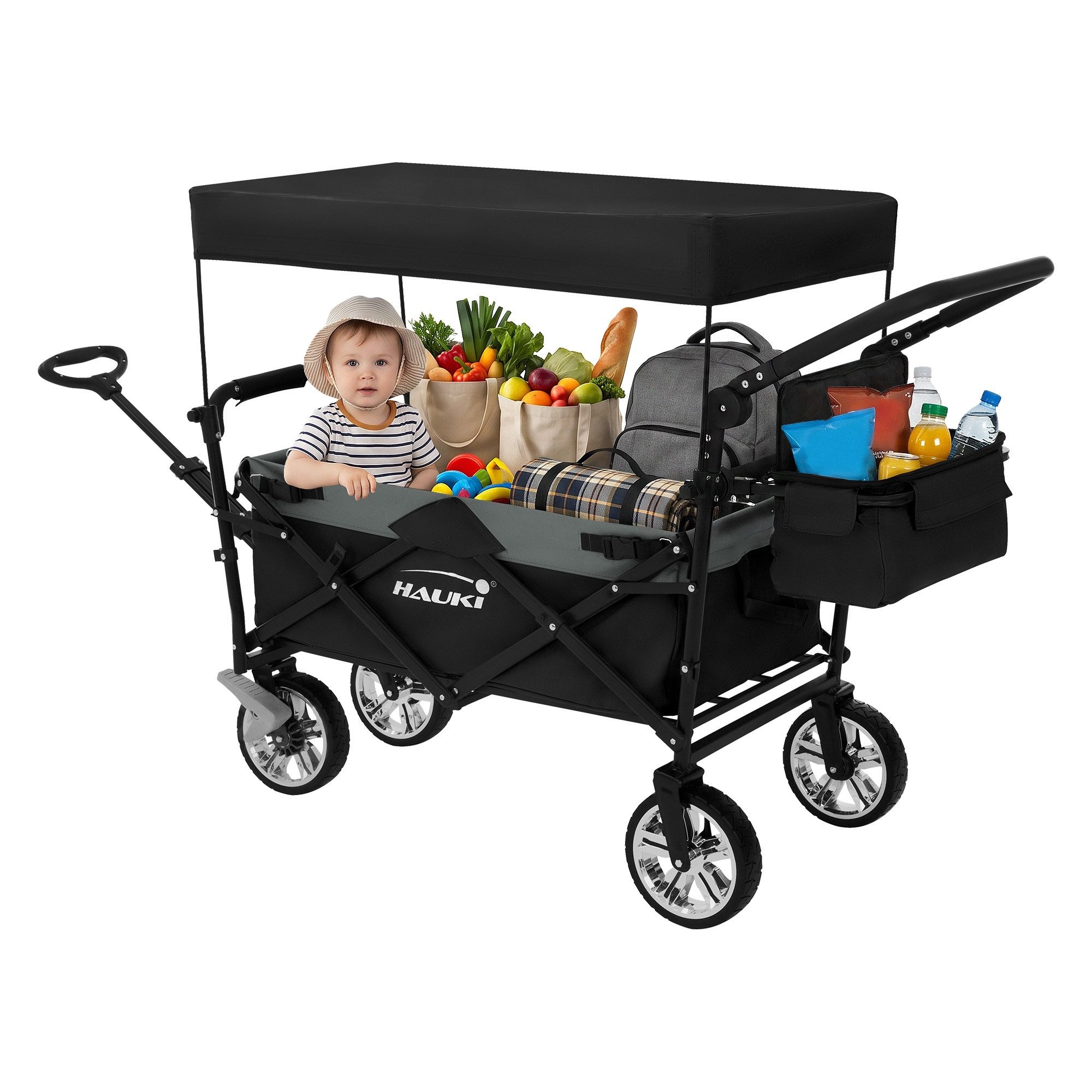 Hauki Bollerwagen Handwagen Transportwagen XXL faltbar klappbar mit Bremse Dach & Tasche, Gerätewagen Schwarz/Grau für Kinder Strand Picknick Camping bis 120 kg