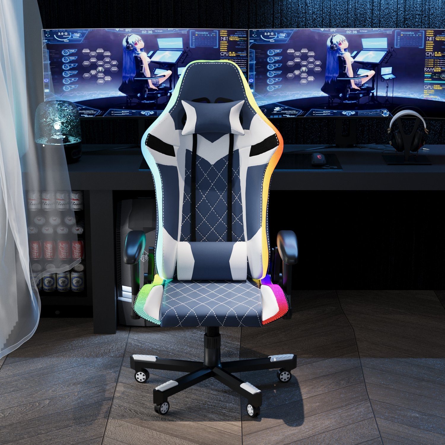 GUNJI Chair 150 Stuhl für kg Gaming Blau Gaming Belastbarkeit, Bürostuhl LED, mit PU-Leder