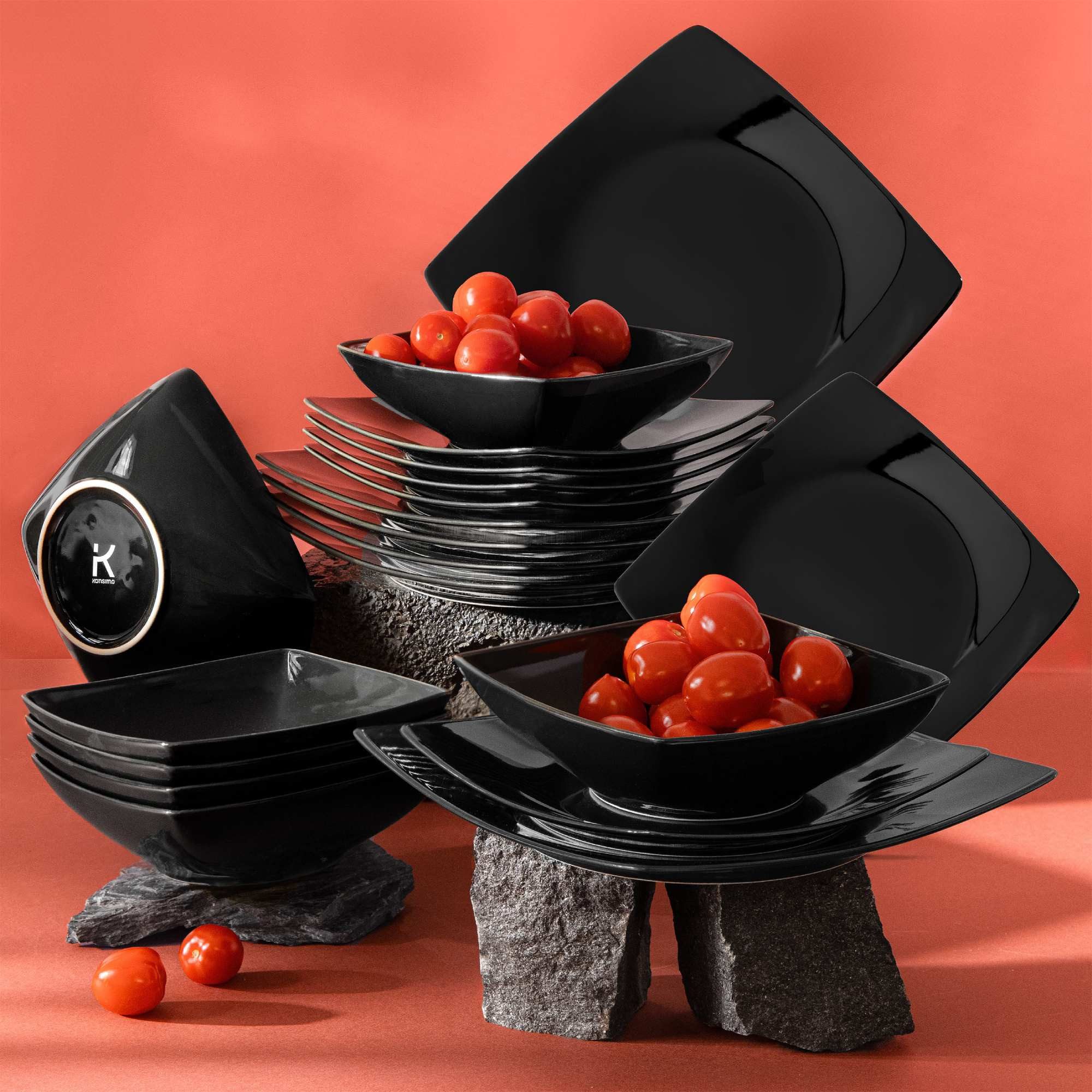 KONSIMO® Tafelservice EPIRI Geschirrset Speiseteller Suppenteller Dessertteller 6 Personen (18-tlg), Keramik, quadratisch, Spulmachinen- und Mikrowellengeeignet