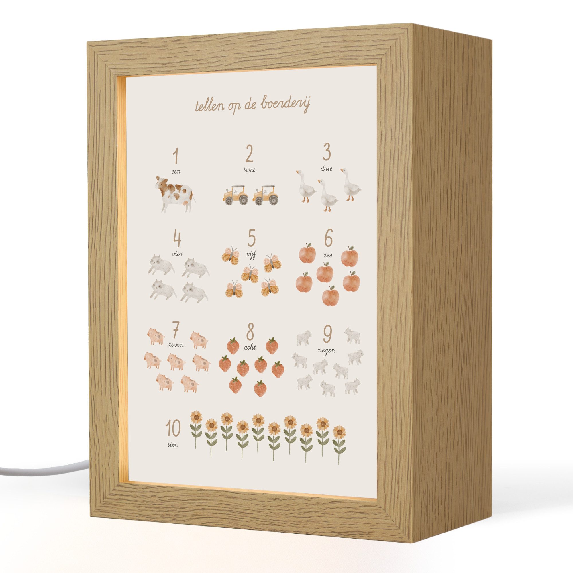 OnlyWow Nachttischlampe Lightbox Zählen von Zahlen - Pädagogisch - Zahlen lernen - Bauernhof -, Dimmbar, Farbwechsel, LED, Warmweiß, Kaltweiß, Neutralweiß Einstellbar, Kinderzimmer, Babyzimmer, Dimmbar, mit Kabel, Nachtlampe, LED