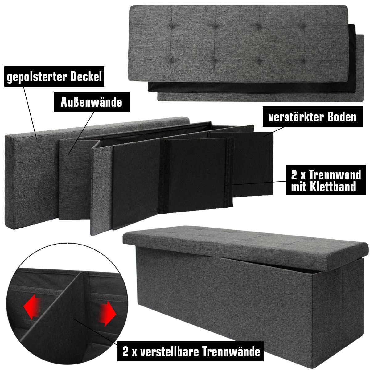 DuneDesign Sitzbank mit Stauraum - 110x38x38 Polsterbank mit Aufbewahrungsbox - Faltbar, Stabile Sitztruhe - Schlafzimmer Ottomane - Kinderzimmer Beistelltisch