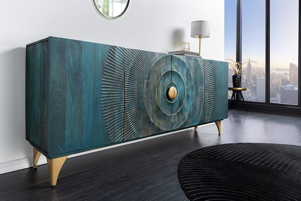 riess-ambiente Sideboard GOLDEN SUNSET 180cm türkis/gold - Mango-Massivholz, Metall, handmade (Einzelartikel, 1 St), Extravagante Kommode m. 3D-Schnitzereien -  – Bild 4 von 5