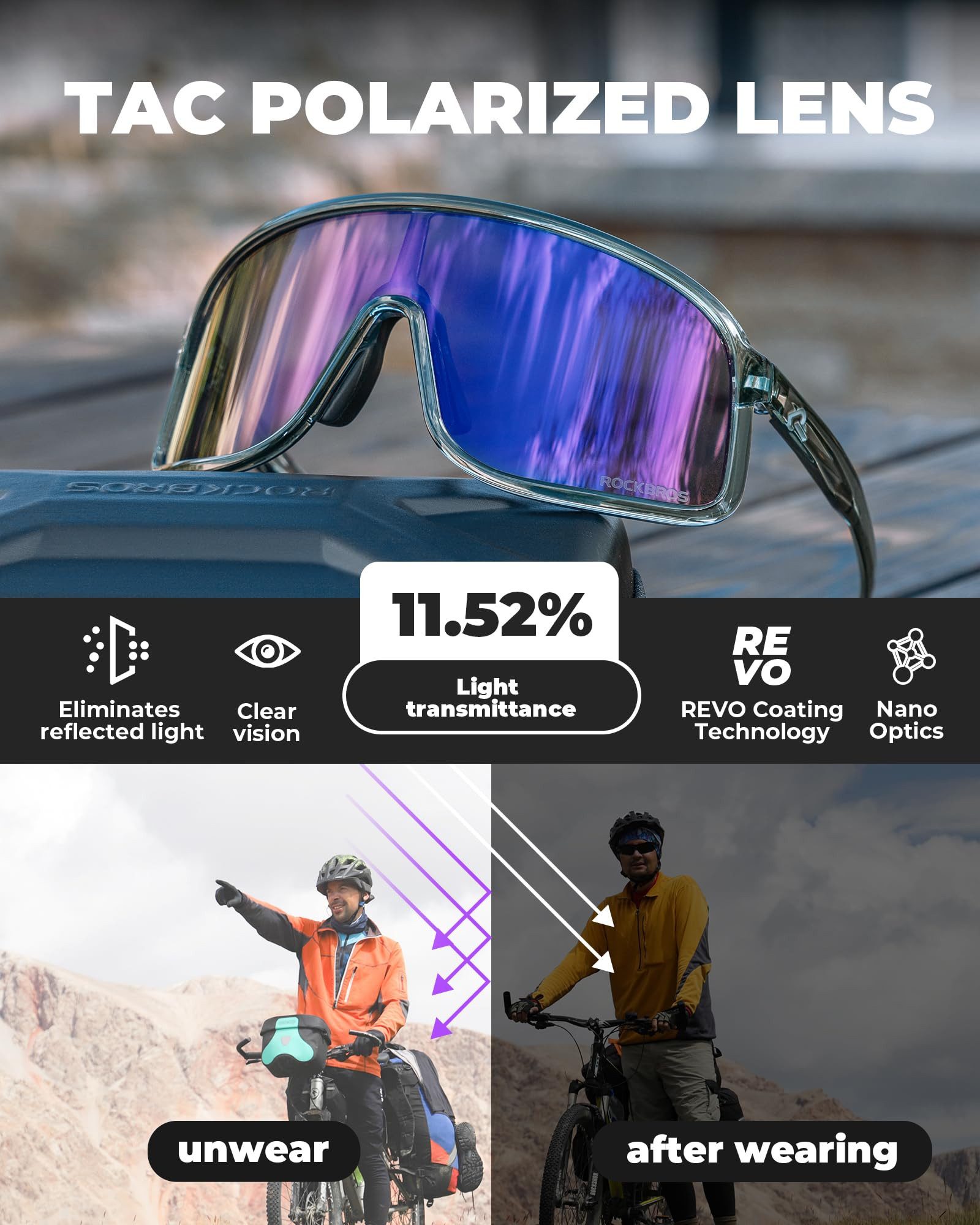 ROCKBROS Fahrradbrille Fahrradbrille Photochromatisch Cycling Glasses Fahrradbrille, (Photochromatisch Sportbrille), UV Schutz 400, für Fahrrad, MTB