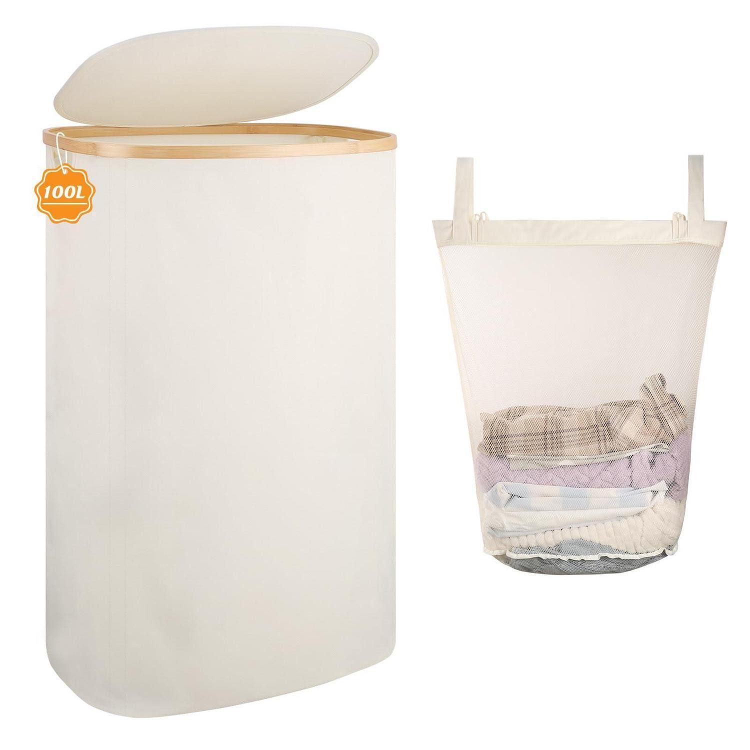 LuxusKollektion Wäschetonne Wäschekorb Wäschesammler Bambus Deckel Wäschetonne Bad Beige 100L