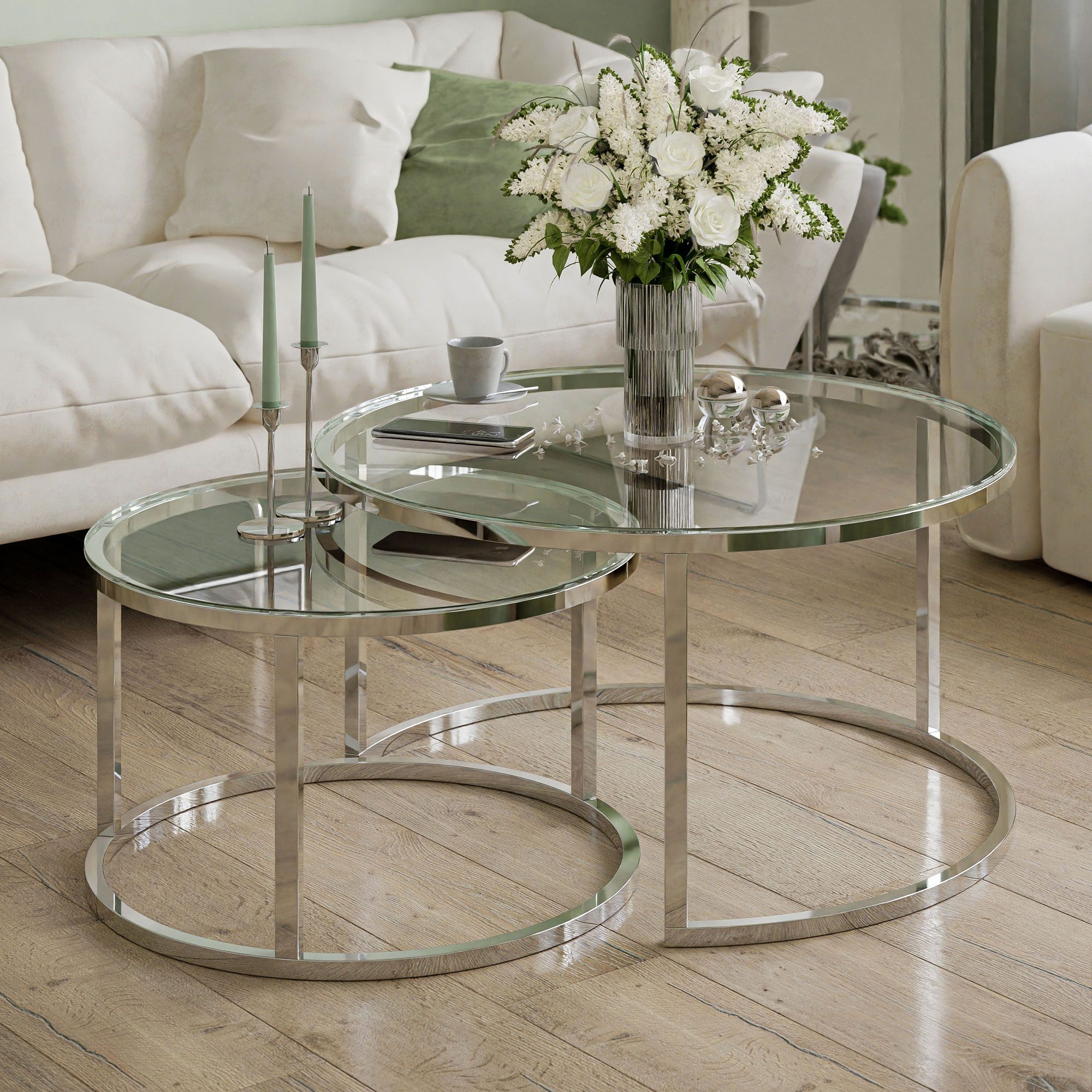 Lookway Couchtisch CIRI 2in1 GLASS mit Chrom Gestell (2er Set), Durchmesser: ⌀70 cm und ⌀50 cm – Bild 3 von 5