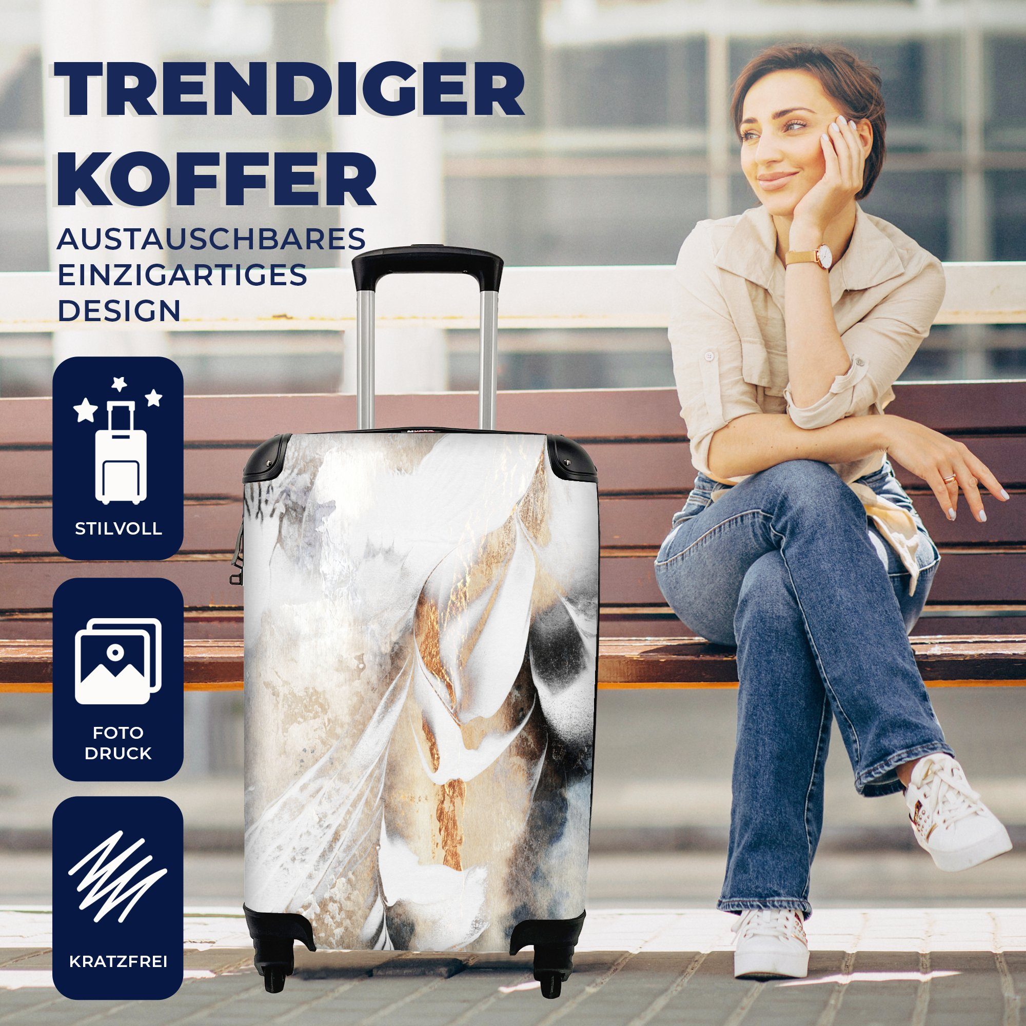 MuchoWow Handgepäckkoffer Abstrakt Reisetasche Trolley, - 4 Design mit - Handgepäck Gold Luxe, rollen, Reisekoffer - Rollen, Ferien, für