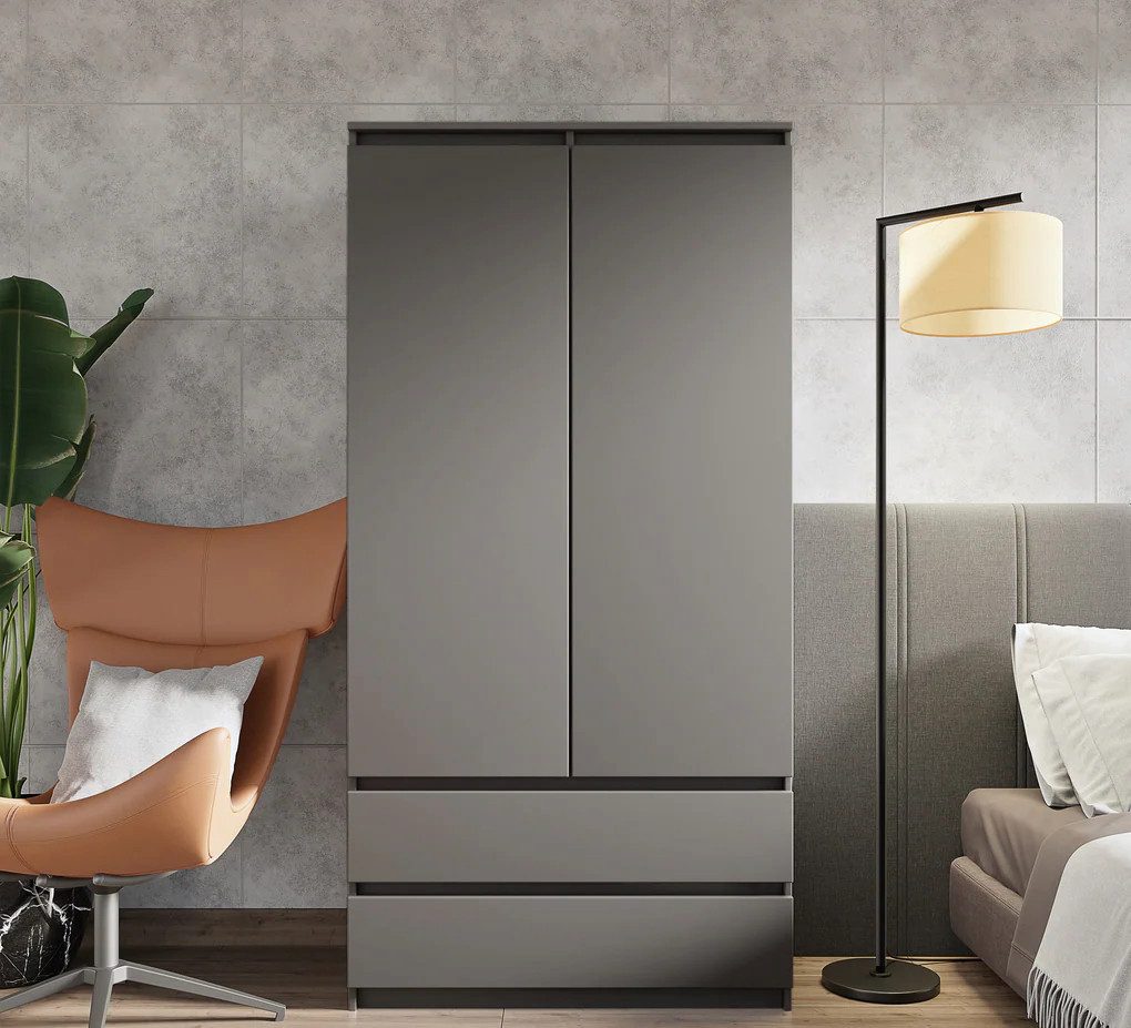 Furnica Kleiderschrank Anthrazit 90 cm mit 2 Türen und 2 Schubladen-Wohn-für das Schlafzimmer – Bild 3 von 5