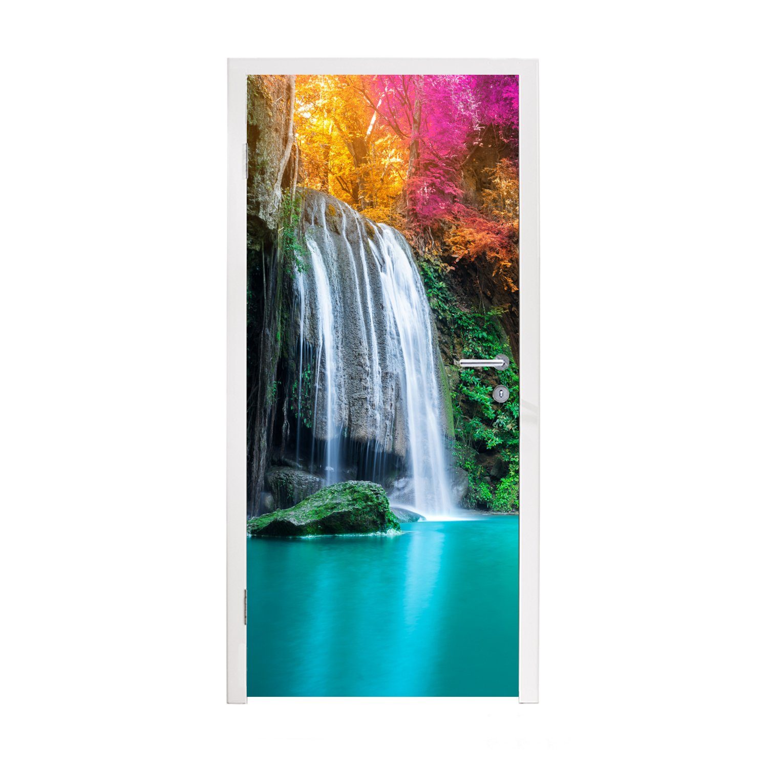 MuchoWow Türtapete Wasserfall - Bäume - Rosa - Braun - Natur, Matt, bedruckt, (1 St), Fototapete für Tür, Türaufkleber, 75x205 cm