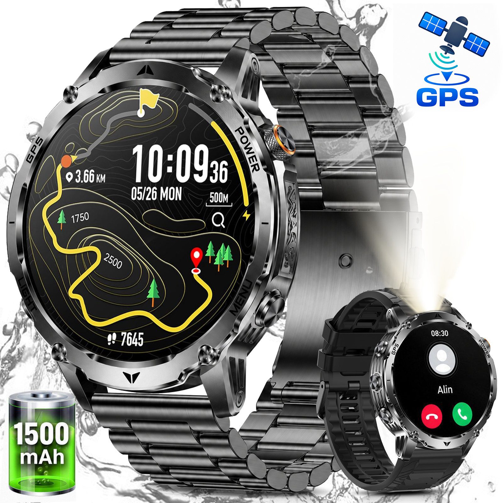 SWGOTA 1500mAh Smartwatch Herren mit GPS integriert,24/7 Pulsuhr,SpO₂,Militär Smartwatch 1,8"AMOLED Fitness Tracker mit Schlafmonitor,100+Sportmodi,Kompass, Barometer,Höhenmesser,LED Taschenlampe, IP68 Sportuhr Outdoor