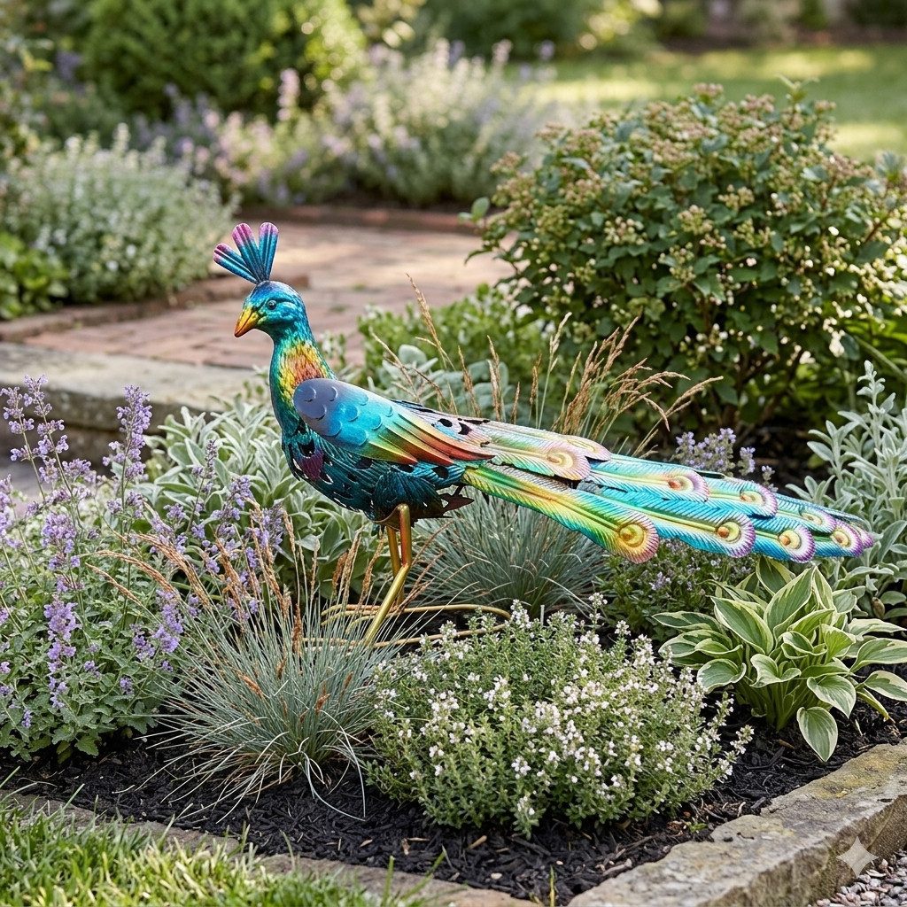 Holzwurm GmbH Dekofigur Majestätischer Pfau mit LED Beleuchtung - Höhe ca. 31 cm, Pfau, farbwechselnde LED Beleuchtung, Gartendekoration