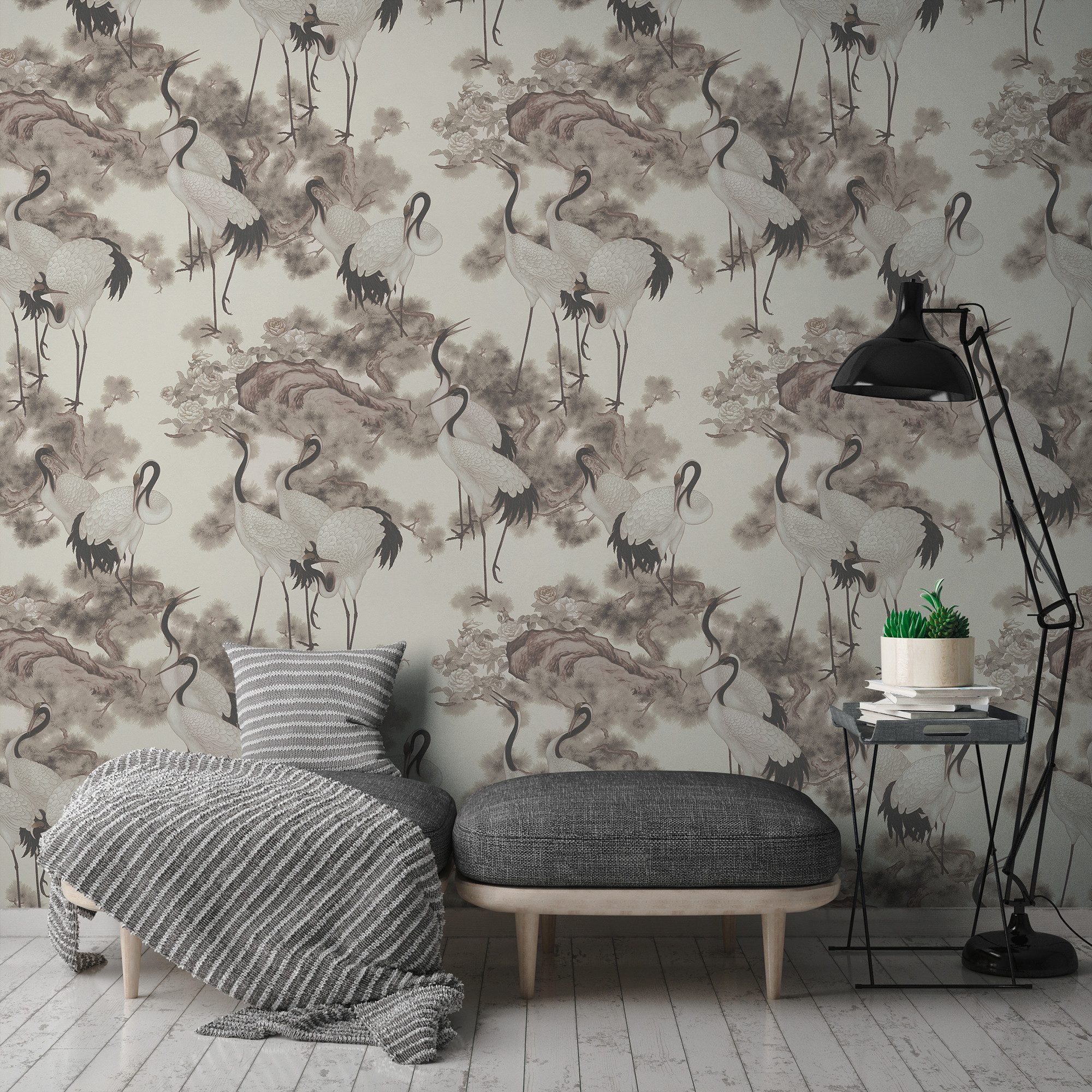 living walls Vliestapete LIMITED – Kraniche in Tuscheoptik, leicht strukturiert, asiatisch, naturalistisch, Motiv, (1 St), Elegante Kraniche im asiatischen Aquarell- und Tusche-Stil
